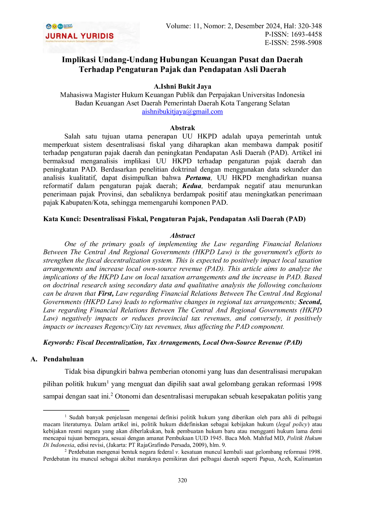 JURIS Implikasi Undang Undang Hubungan Keuangan Pusat dan Daerah Terhadap Pengaturan Pajak dan Pendapatan Asli Daerah