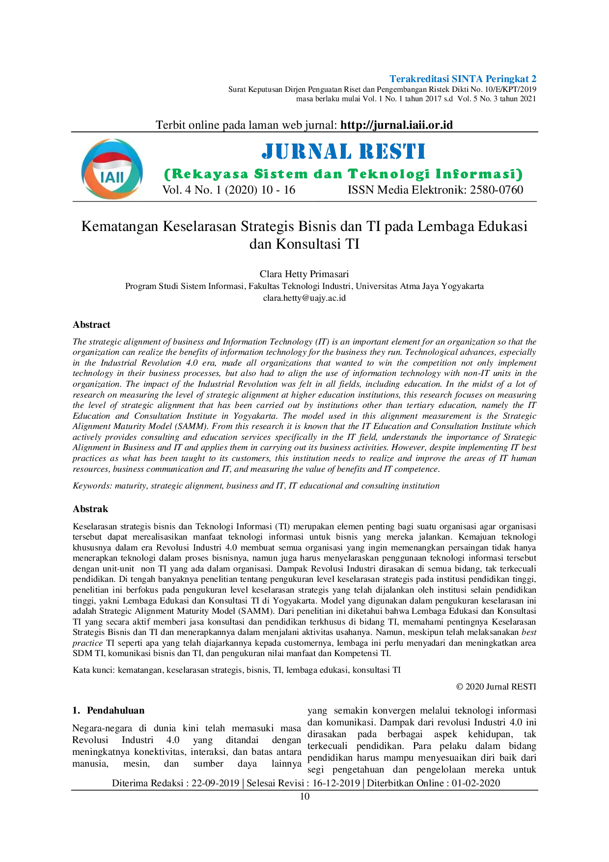 JURIS Kematangan Keselarasan Strategis Bisnis Dan TI Pada Lembaga Edukasi Dan Konsultasi TI