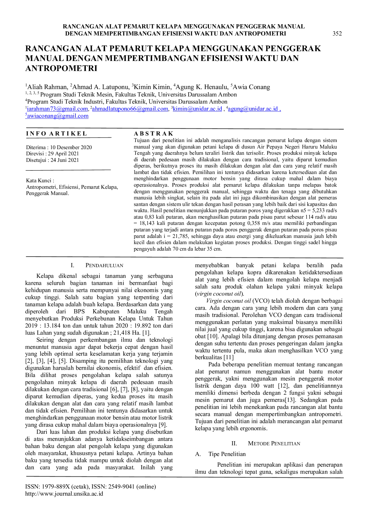 JURIS Rancangan Alat Pemarut Kelapa Menggunakan Penggerak Manual Dengan Mempertimbangkan Efisiensi Waktu Dan Antropometri