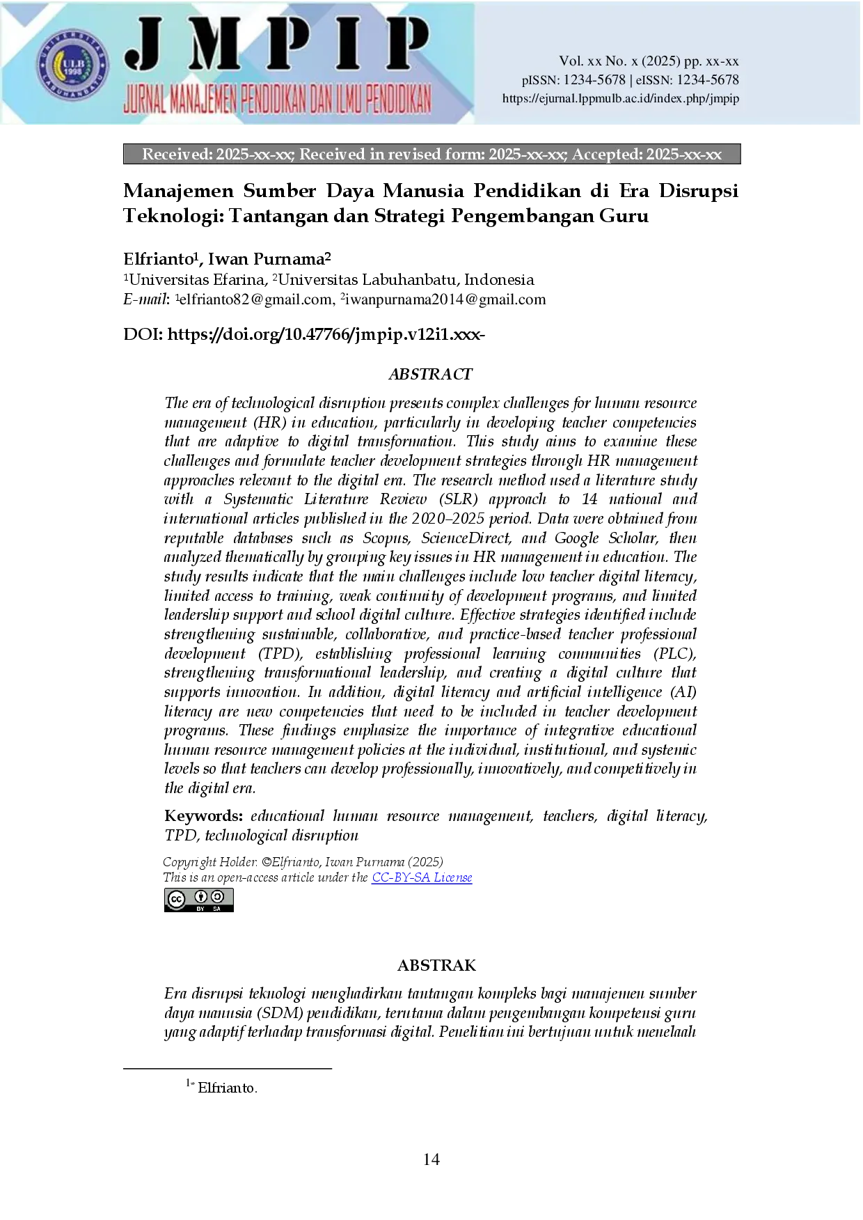 JURIS Manajemen Sumber Daya Manusia Pendidikan di Era Disrupsi Teknologi Tantangan dan Strategi Pengembangan Guru