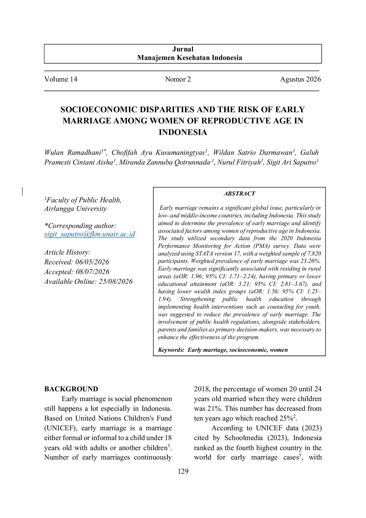 JURIS Socioeconomic Disparities and the Risk of Early Marriage Among Women of Reproductive Age in Indonesia
