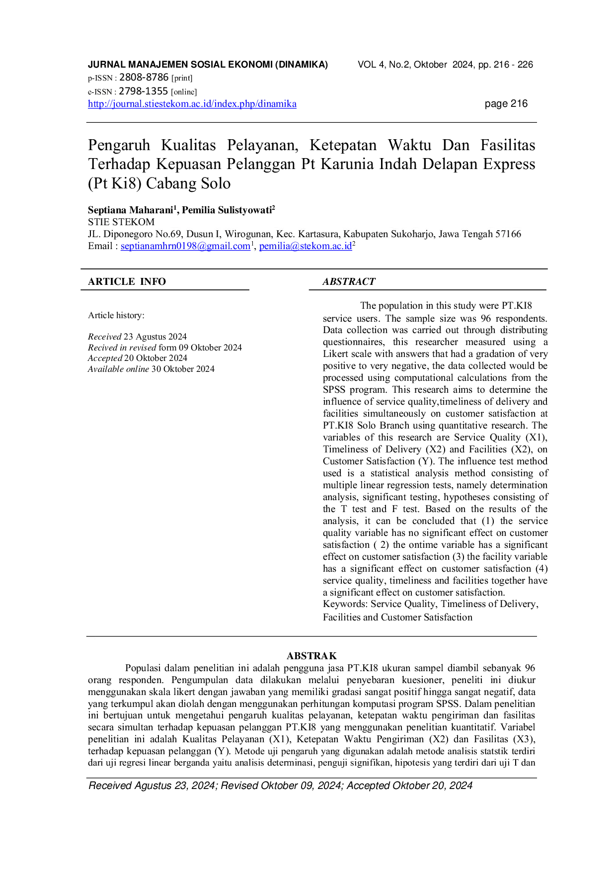 JURIS Pengaruh Kualitas Pelayanan Ketepatan Waktu Dan Fasilitas Terhadap Kepuasan Pelanggan Pt Karunia Indah Delapan Express Pt Ki8 Cabang Solo
