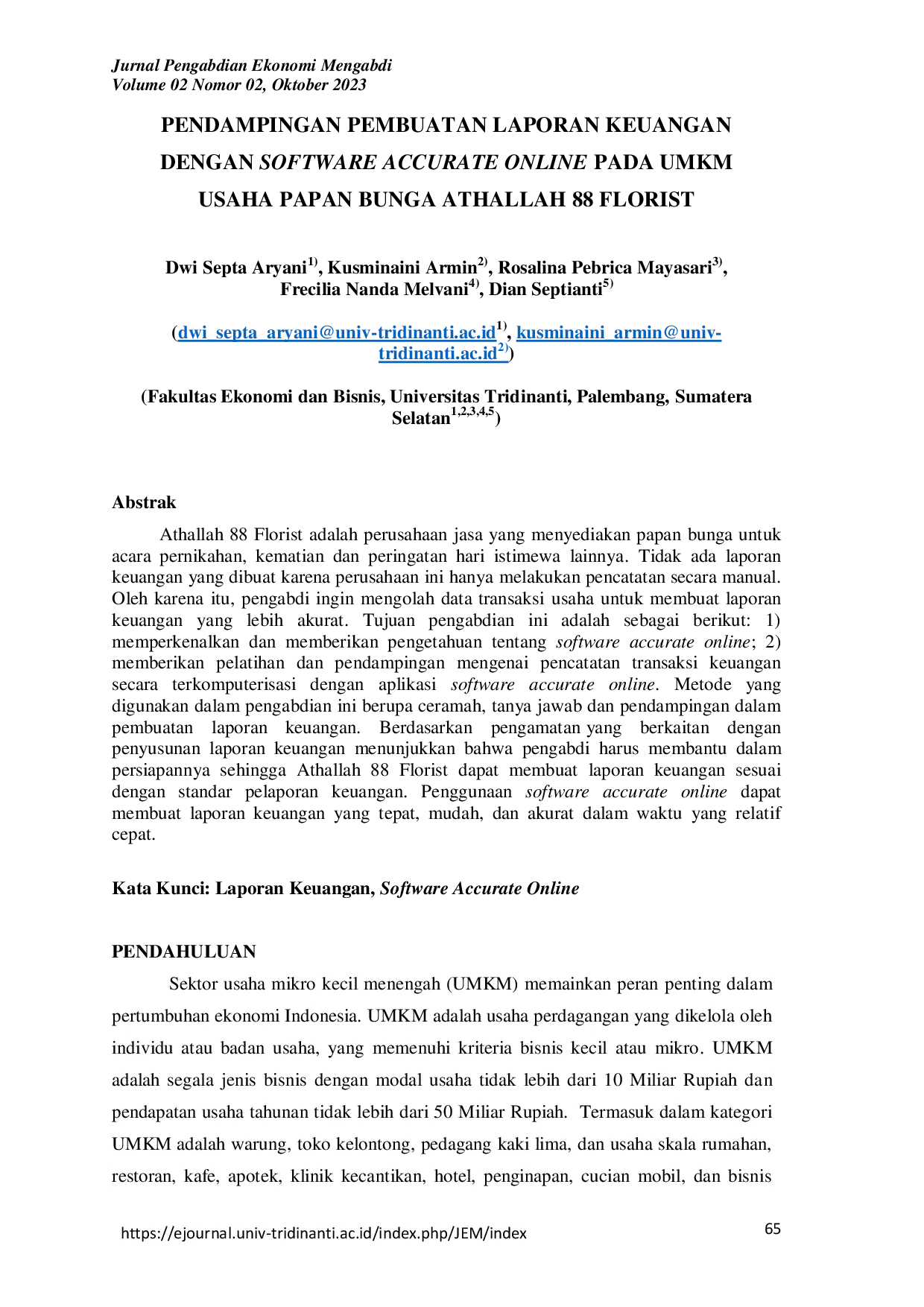 JURIS Pendampingan Pembuatan Laporan Keuangan Dengan Software Accurate Online Pada Umkm Usaha Papan Bunga Athallah 88 Florist