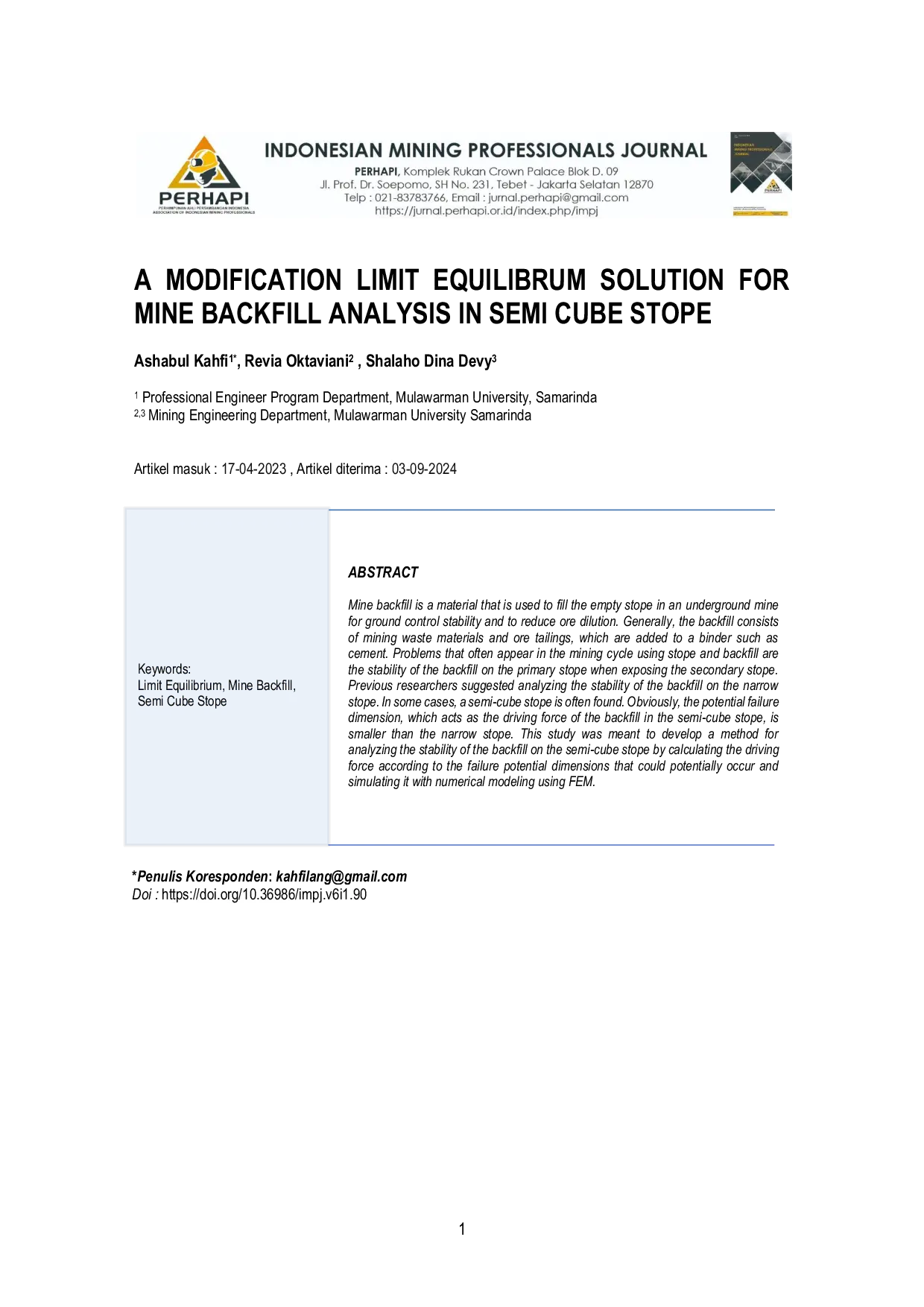 JURIS Modification Limit Equilibrium Solution for Mine Backfill Analysis in Semi Cube Stope
