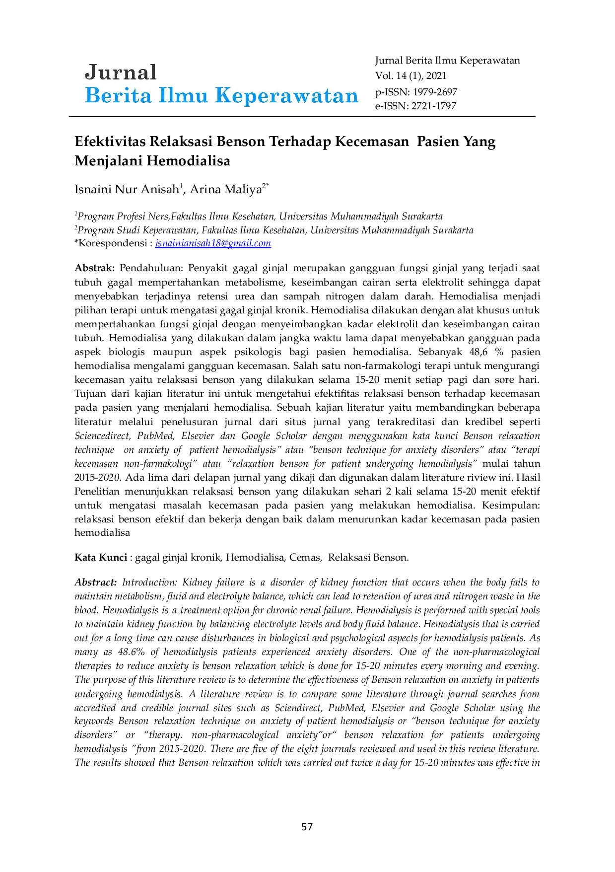 JURIS Efektivitas Relaksasi Benson Terhadap Kecemasan Pasien Yang Menjalani Hemodialisa