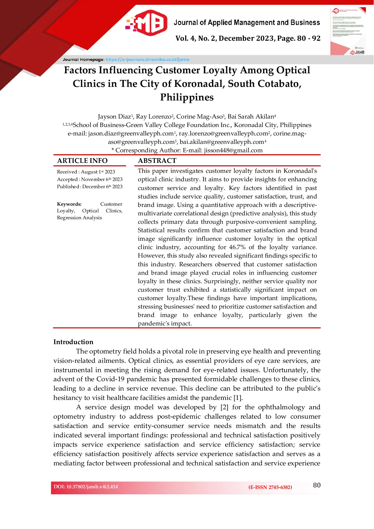 JURIS Factors Influencing Customer Loyalty Among Optical Clinics in The City of Koronadal South Cotabato Philippines