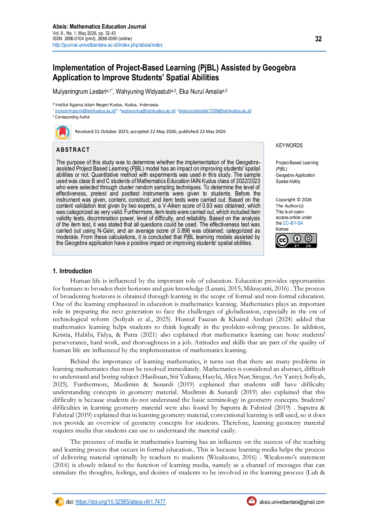 JURIS Implementation of Project Based Learning PjBL Assisted by Geogebra Application to Improve Students Spatial Abilities