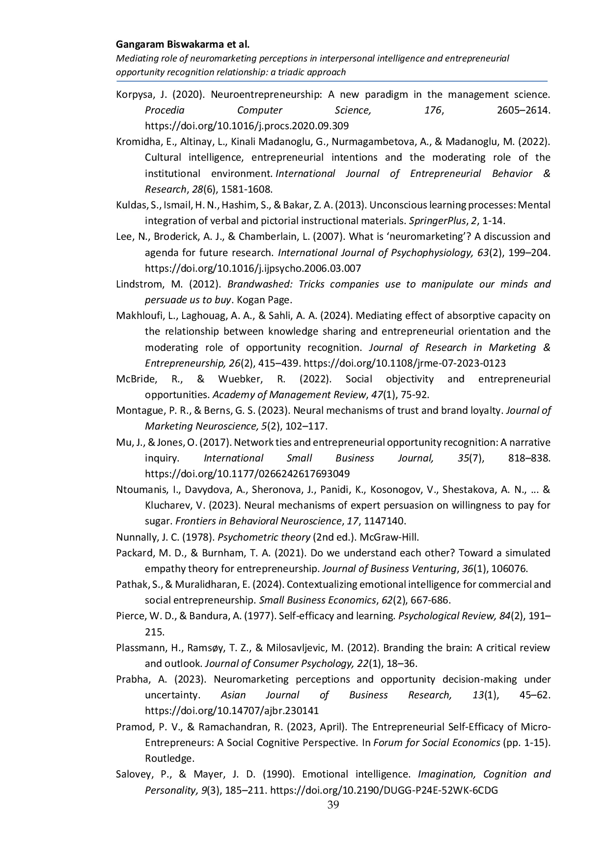 JURIS Mediating role of neuromarketing perceptions in interpersonal intelligence and entrepreneurial opportunity recognition relationship A triadic approach