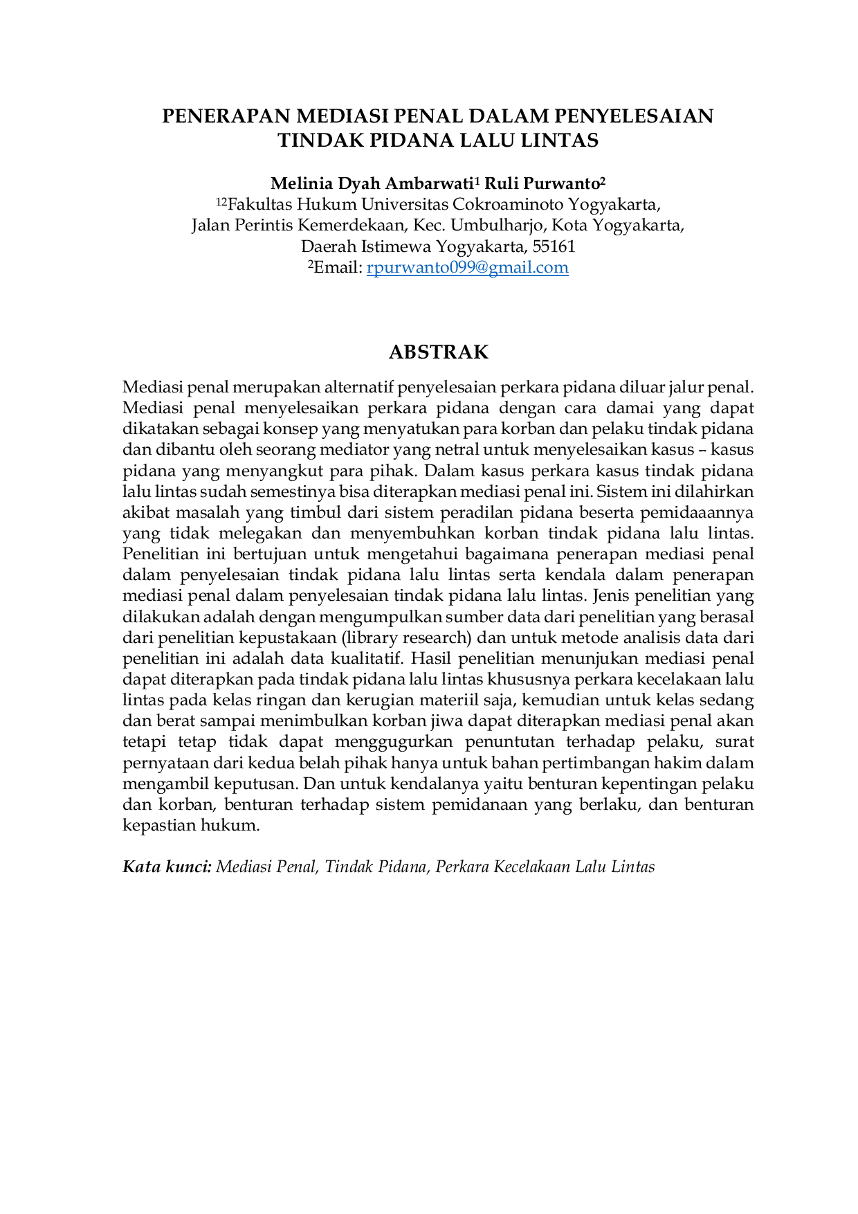 JURIS Peran Mediasi Penal Dalam Penyelesaian Tindak Pidana Lalu Lintas