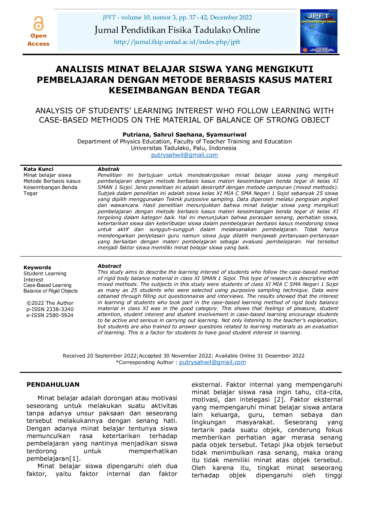 JURIS Analisis Minat Belajar Siswa Yang Mengikuti Pembelajaran Dengan Metode Berbasis Kasus Materi Keseimbangan Benda Tegar