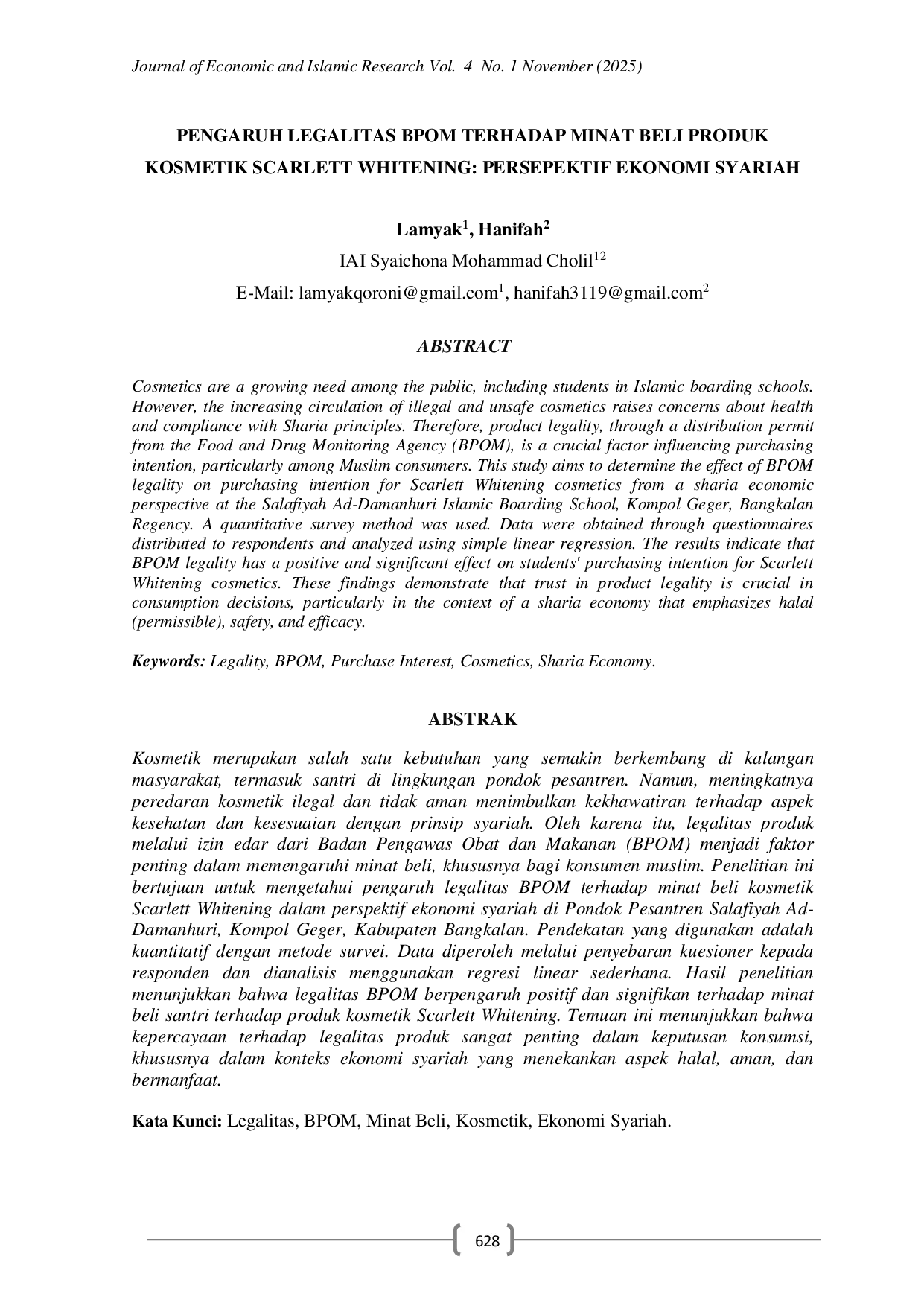 JURIS Pengaruh Legalitas BPOM terhadap Minat Beli Produk Kosmetik Scarlett Whitening Persepektif Ekonomi Syariah