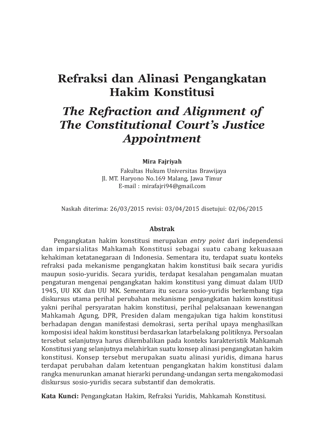 JURIS Refraksi dan Alinasi Pengangkatan Hakim Konstitusi