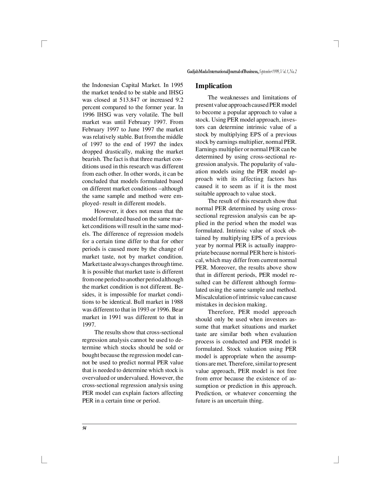 juris Price Earnings Ratio Per Model Consistency Evidence From Jakarta Stock Exchange