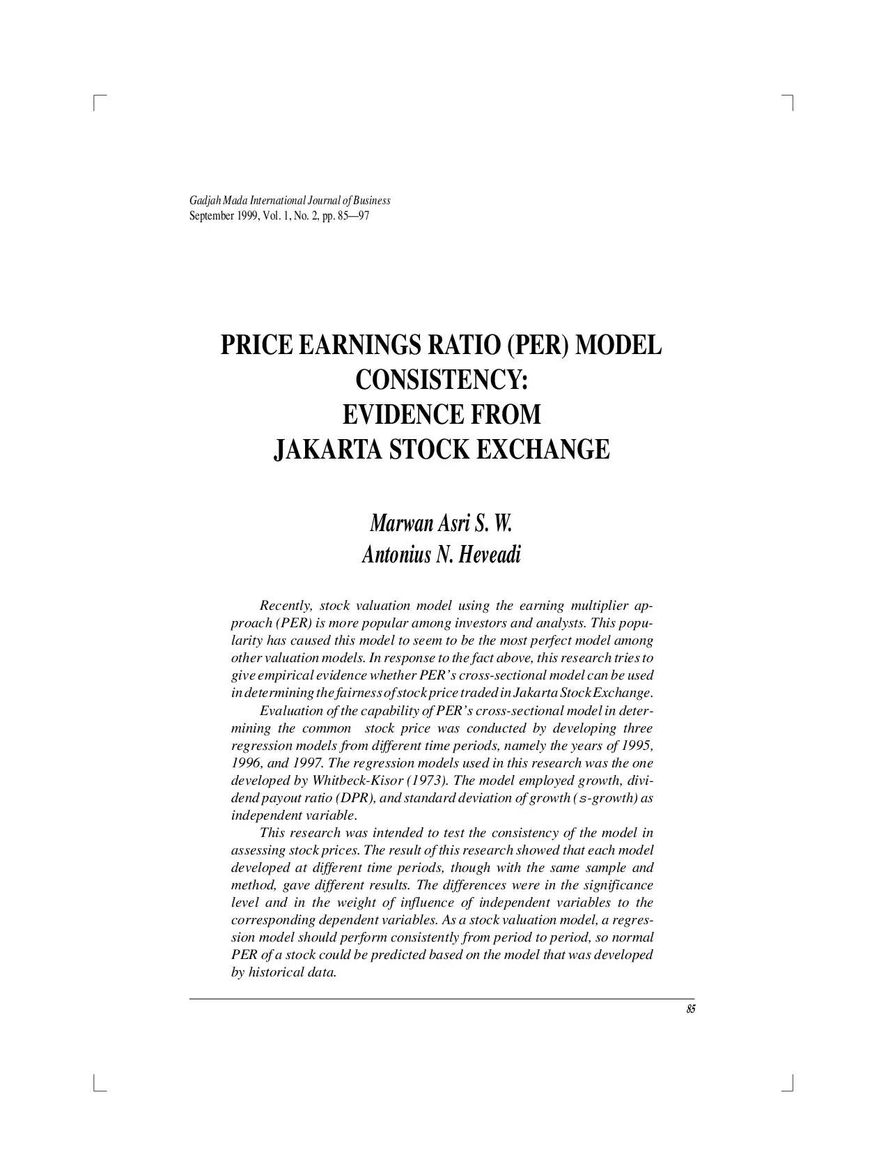 juris Price Earnings Ratio Per Model Consistency Evidence From Jakarta Stock Exchange