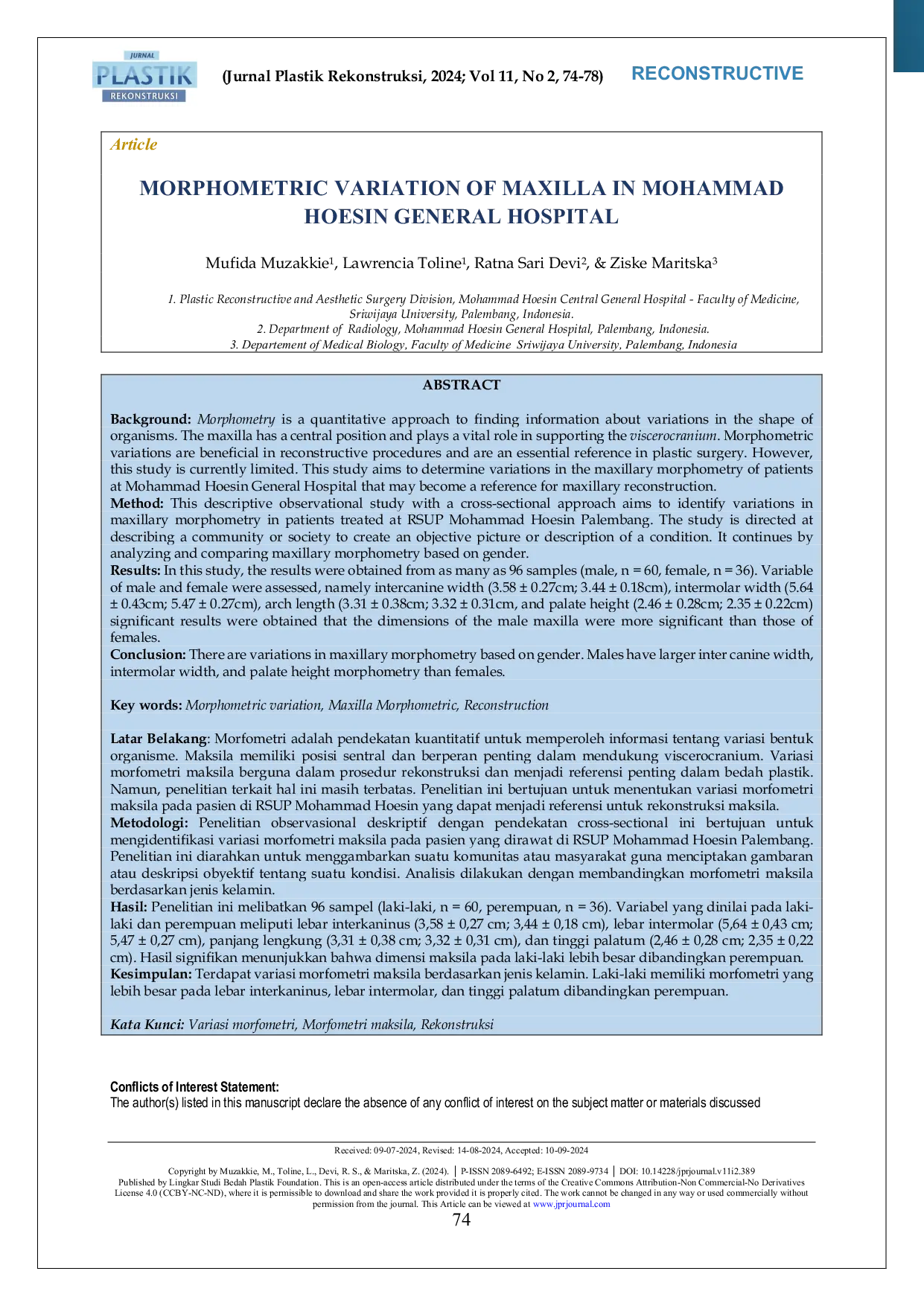 JURIS Variasi Morfometri Maksila pada Pasien di Rumah Sakit Umum Pusat Mohammad Hoesin