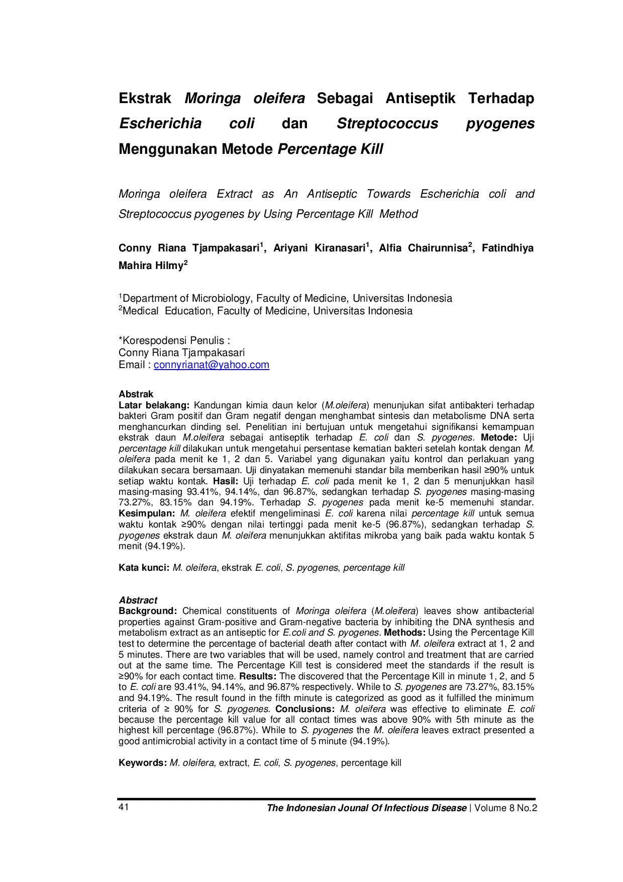 JURIS Ekstrak Moringa oleifera Sebagai Antiseptik Terhadap Escherichia coli dan Streptococcus pyogenes Menggunakan Metode Percentage Kill
