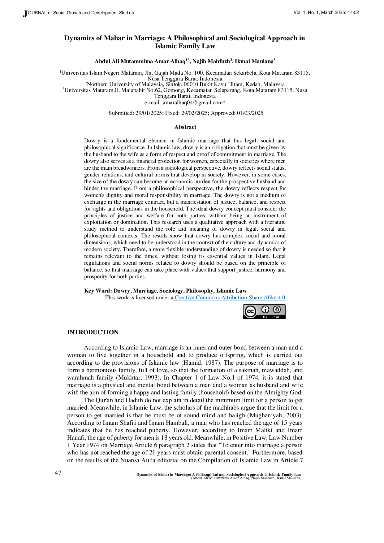 JURIS Dynamics of Mahar in Marriage A Philosophical and Sociological Approach in Islamic Family Law