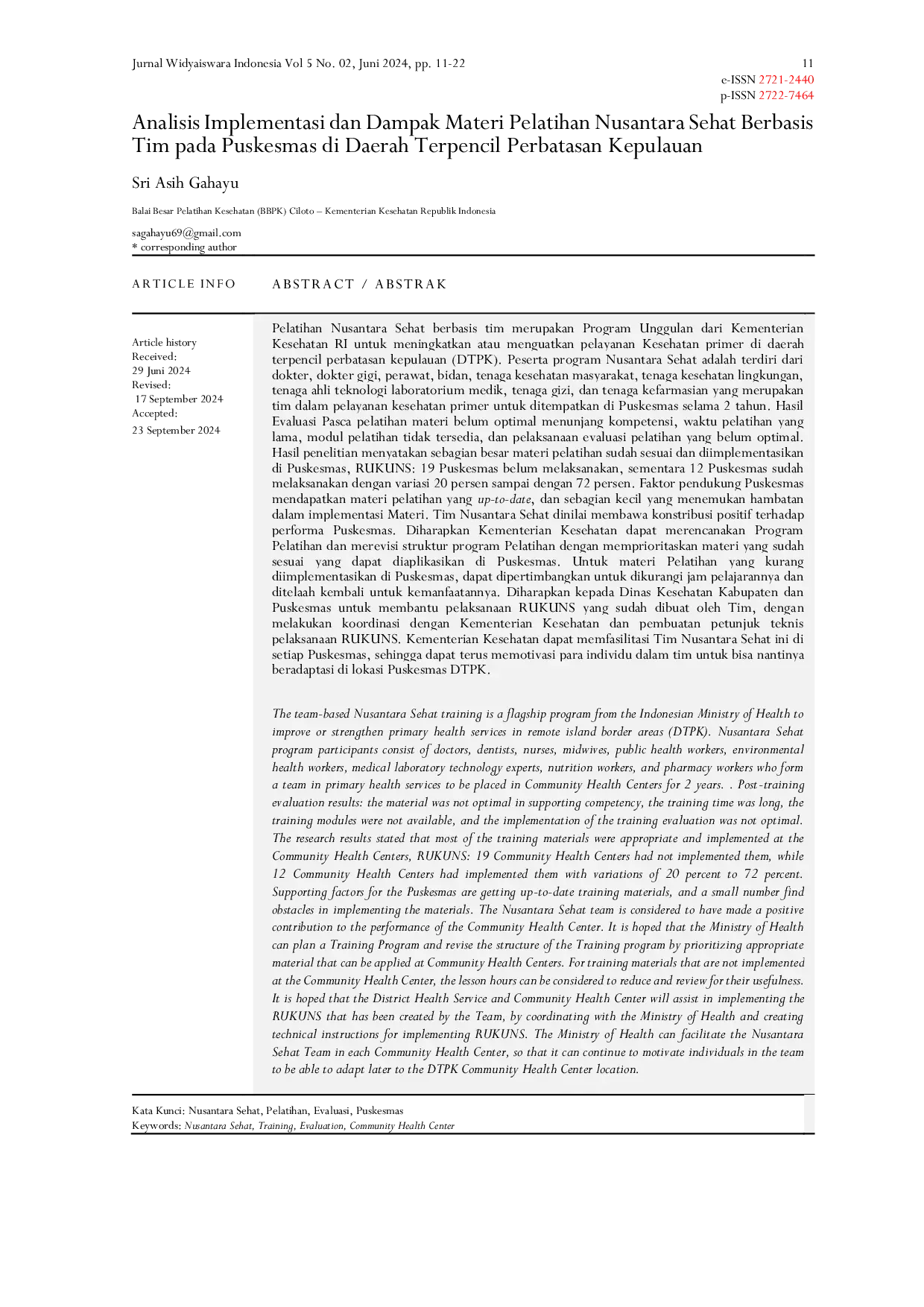 JURIS Analisis Implementasi Materi Pelatihan Nusantara Sehat Berbasis Tim Pada Puskesmas Daerah Terpencil Perbatasan Kepulauan DTPK
