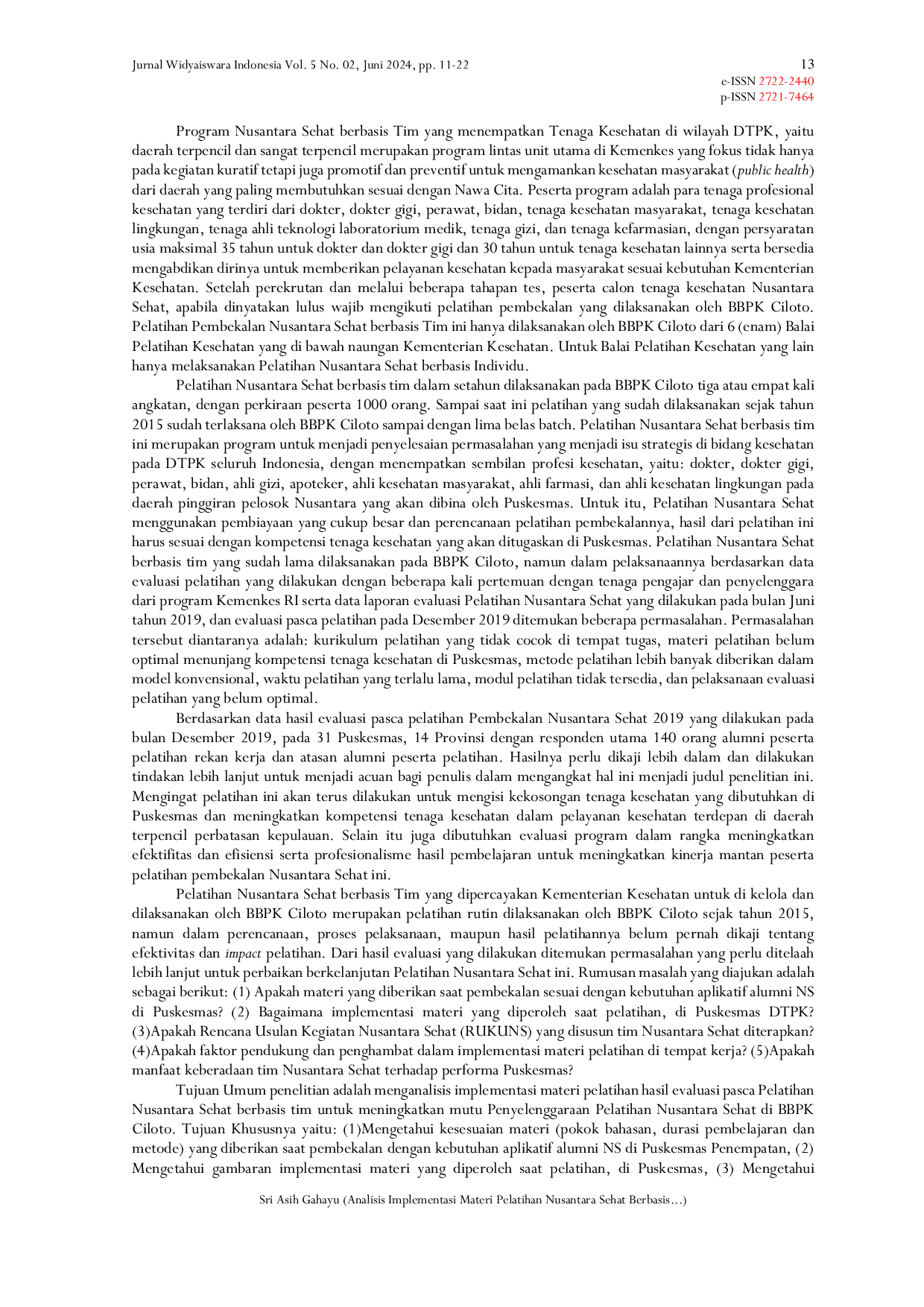 JURIS Analisis Implementasi Materi Pelatihan Nusantara Sehat Berbasis Tim Pada Puskesmas Daerah Terpencil Perbatasan Kepulauan DTPK