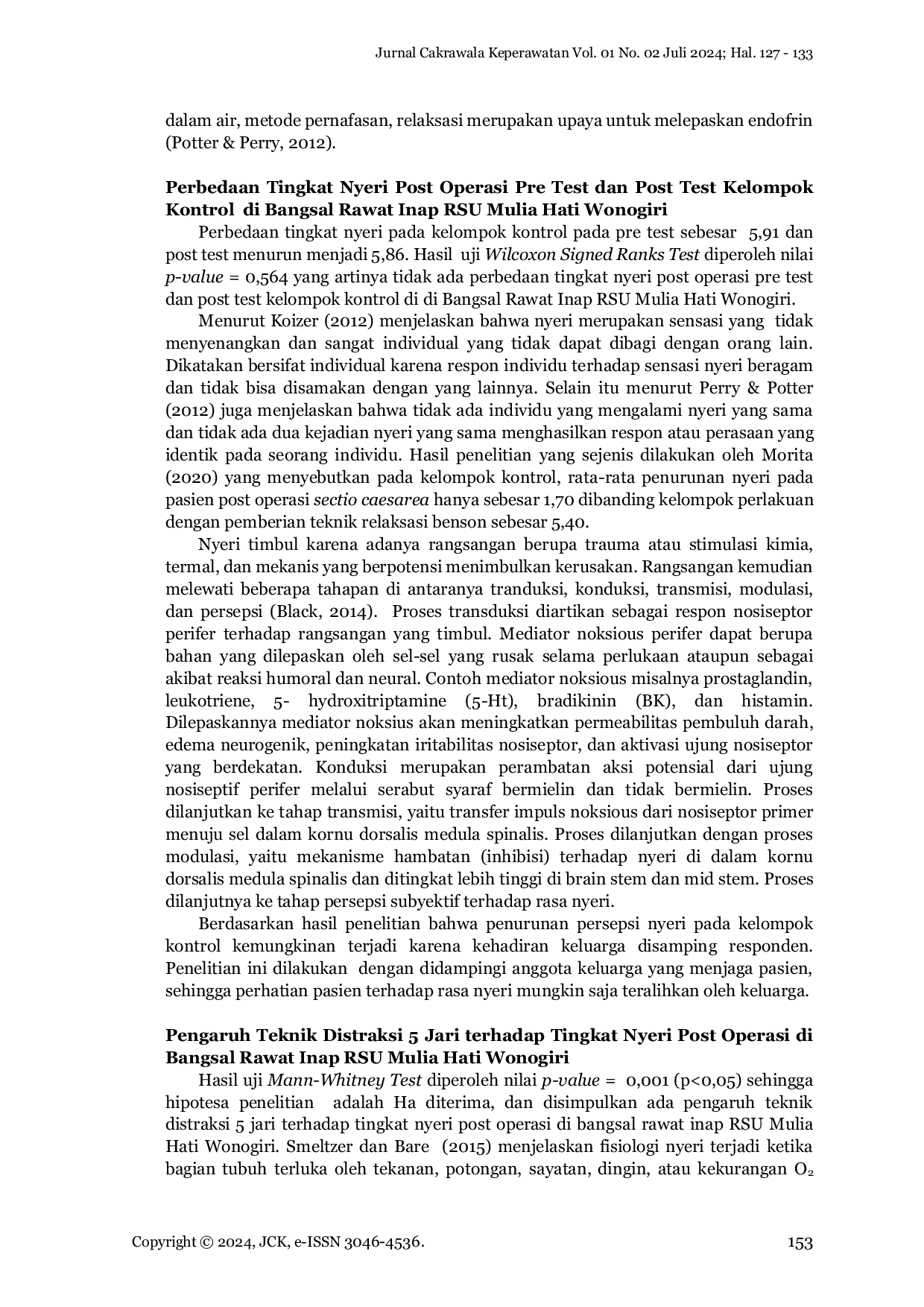 JURIS PENGARUH TEKNIK DISTRAKSI 5 JARI TERHADAP TINGKAT NYERI PASIEN POST OPERASI DI BANGSAL RAWAT INAP RSU MULIA HATI WONOGIRI