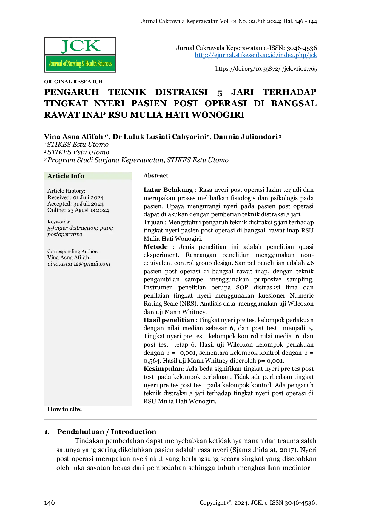 JURIS PENGARUH TEKNIK DISTRAKSI 5 JARI TERHADAP TINGKAT NYERI PASIEN POST OPERASI DI BANGSAL RAWAT INAP RSU MULIA HATI WONOGIRI