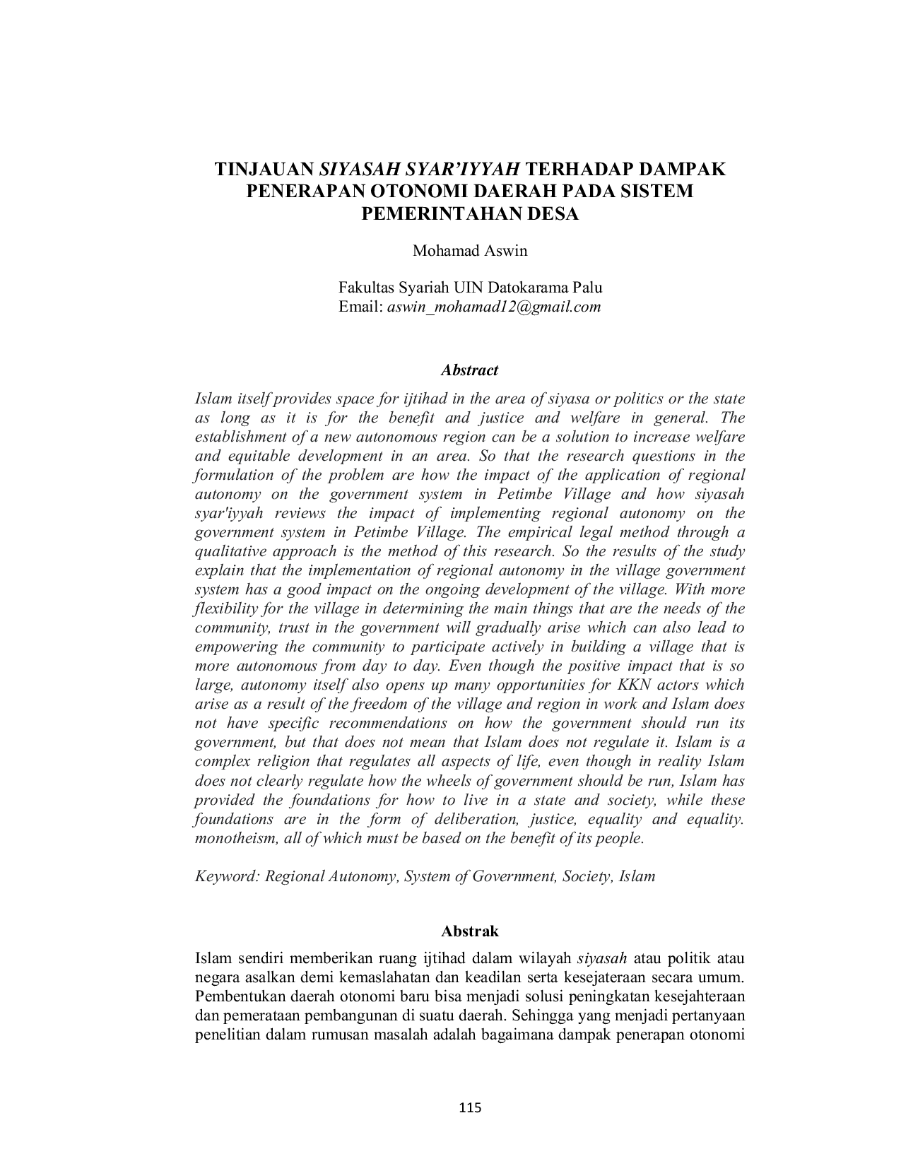 JURIS Tinjauan Siyasah Syar Iyyah Terhadap Dampak Penerapan Otonomi Daerah Pada Sistem Pemerintahan Desa