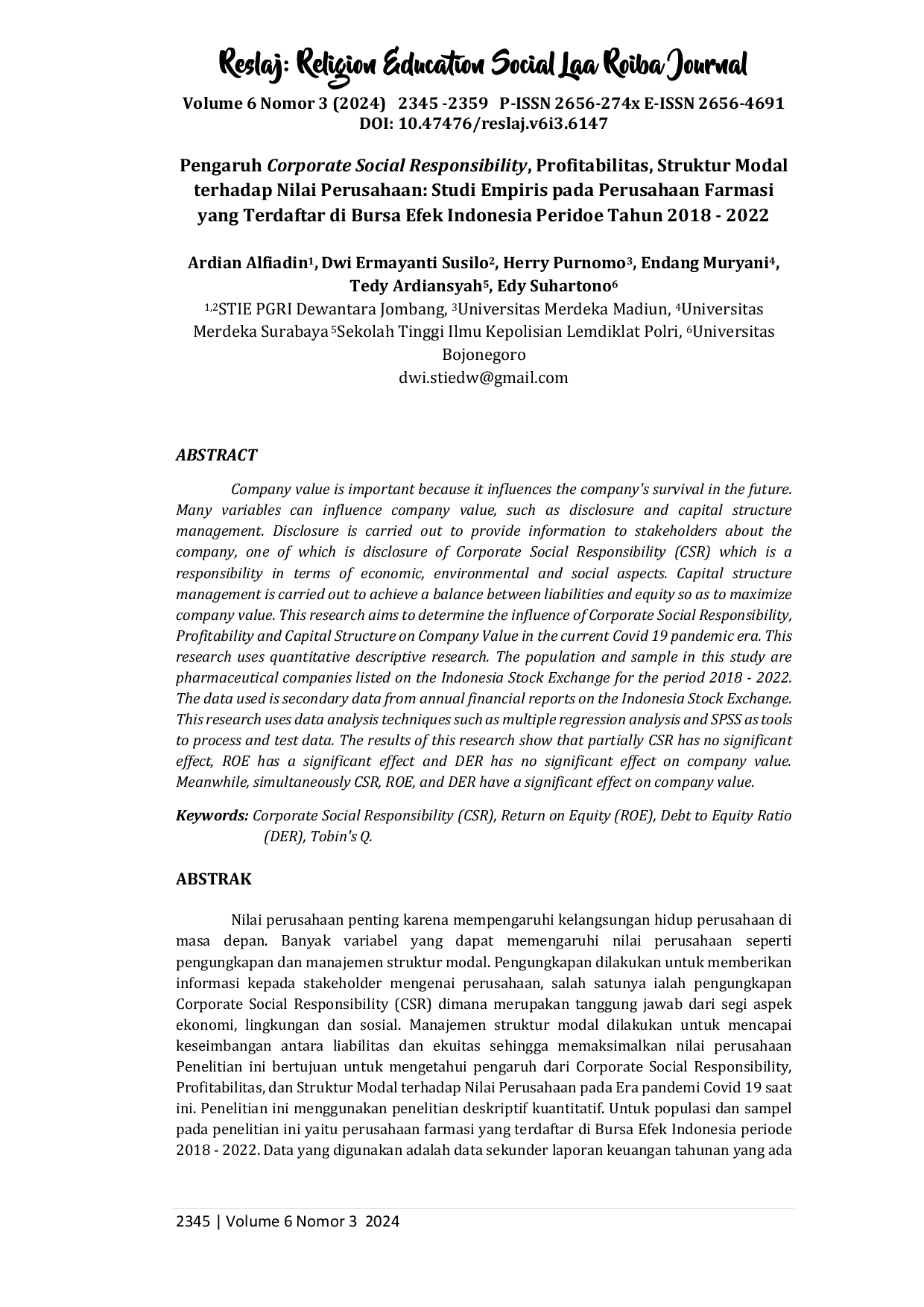 JURIS Pengaruh Corporate Social Responsibility Profitabilitas Struktur Modal terhadap Nilai Perusahaan Studi Empiris pada Perusahaan Farmasi yang Terdaftar di Bursa Efek Indonesia Peridoe Tahun 2018 20
