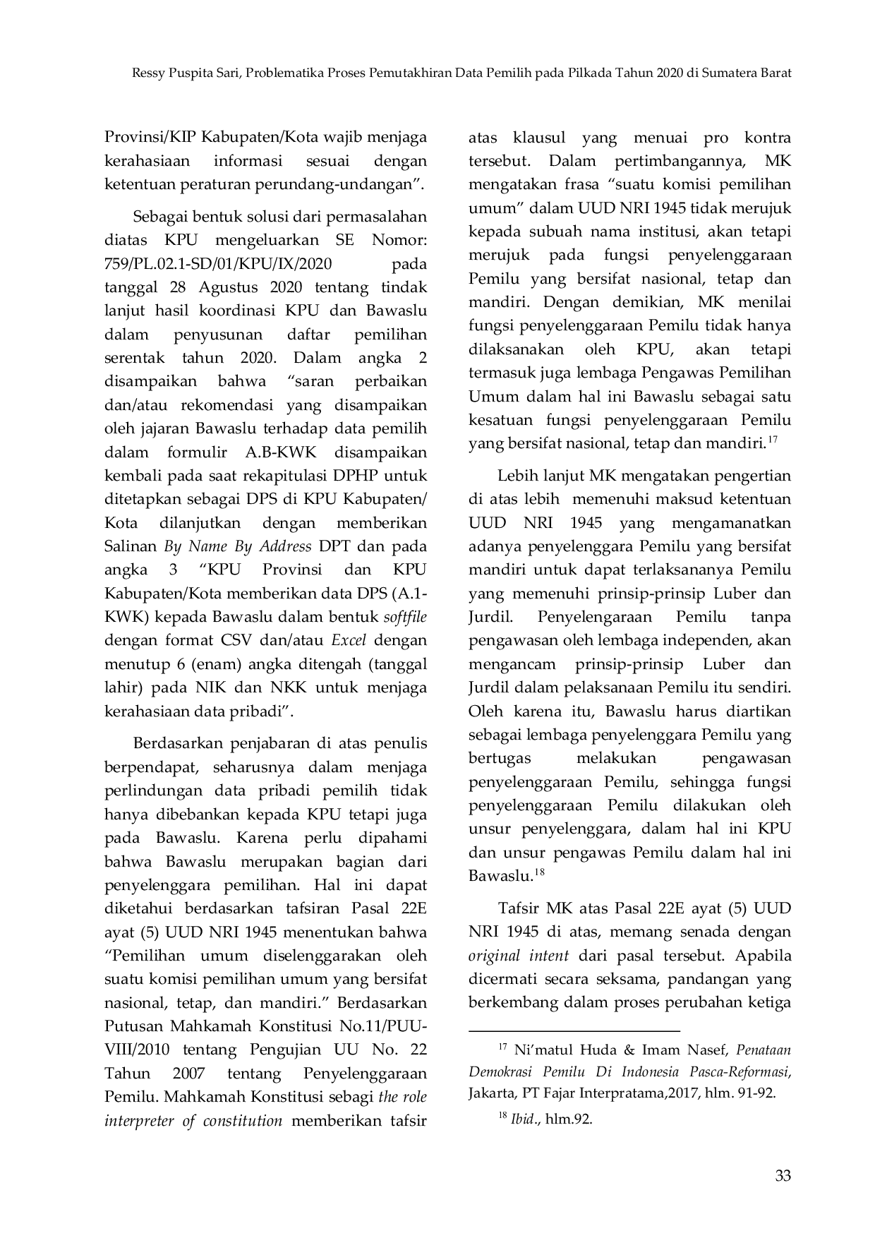 JURIS Problematika Proses Pemutakhiran Data Pemilih pada Pilkada Tahun 2020 di Sumatera Barat