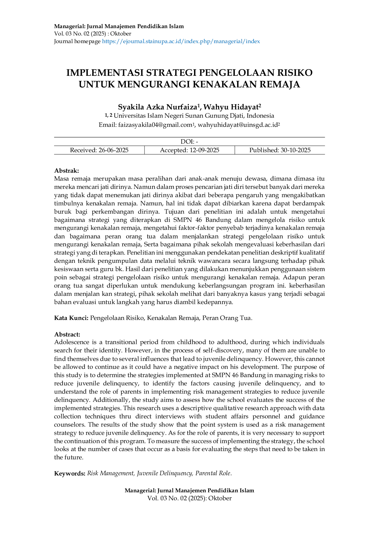 JURIS Implementasi Strategi Pengelolaan Risiko Untuk Mengurangi Kenakalan Remaja