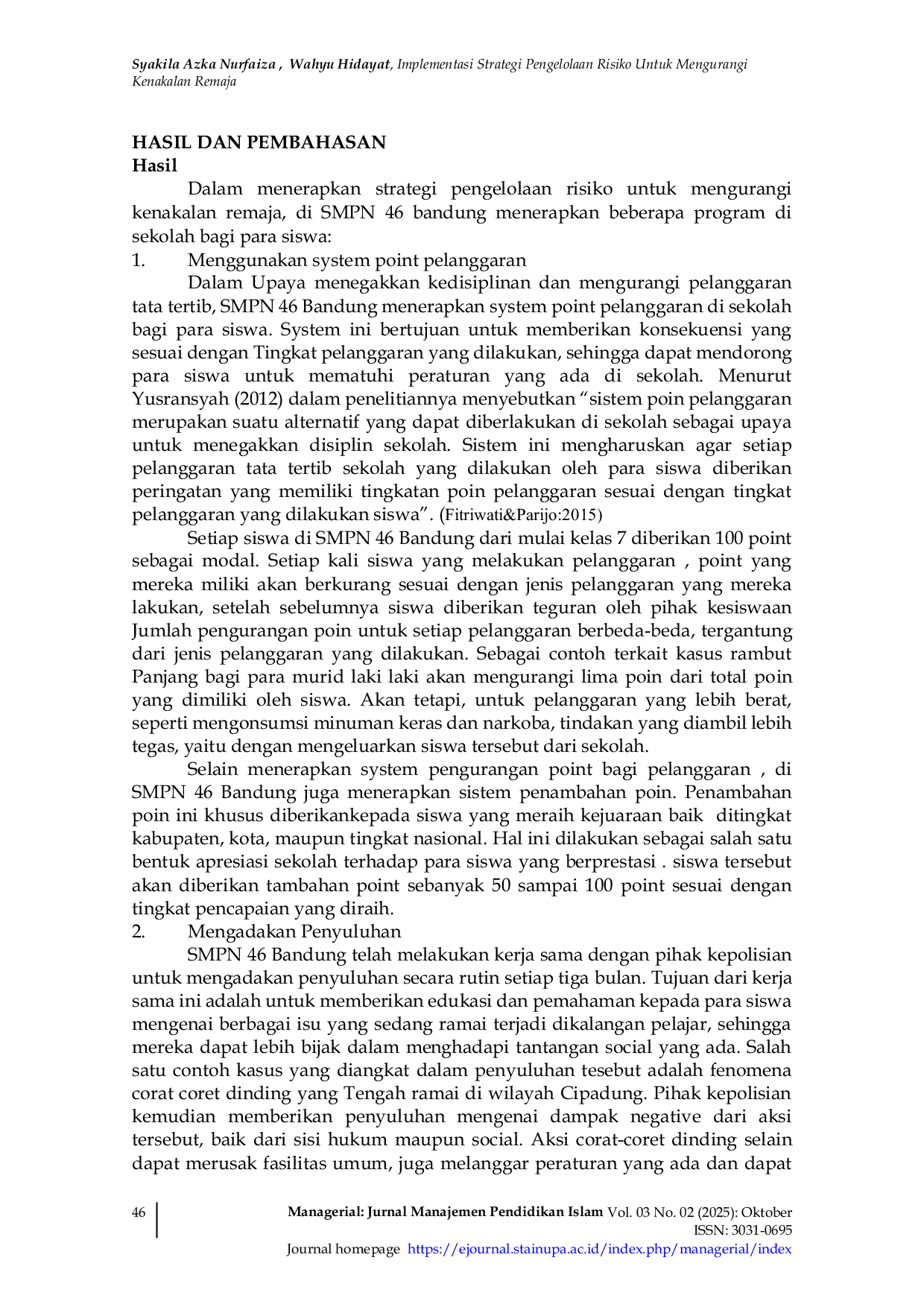 JURIS Implementasi Strategi Pengelolaan Risiko Untuk Mengurangi Kenakalan Remaja