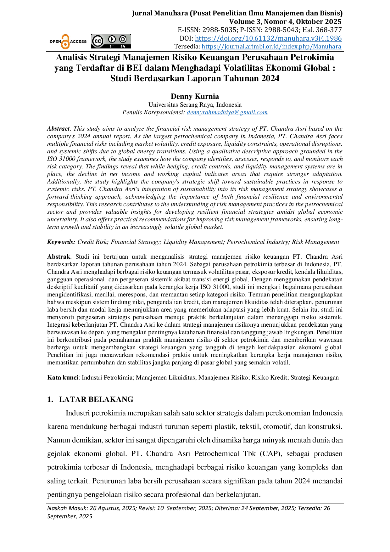JURIS Analisis Strategi Manajemen Risiko Keuangan Perusahaan Petrokimia yang Terdaftar di BEI dalam Menghadapi Volatilitas Ekonomi Global Studi Berdasarkan Laporan Tahunan 2024