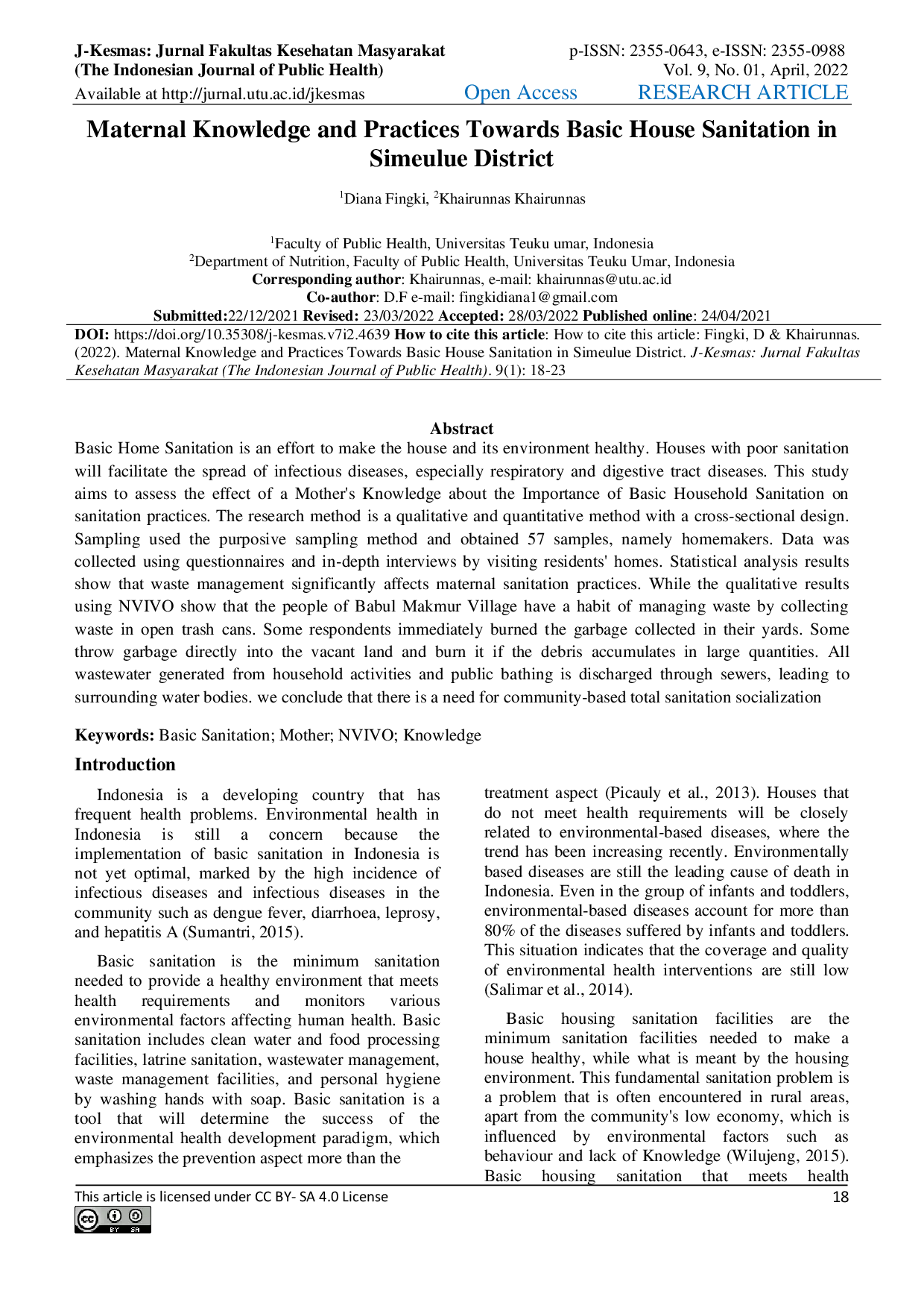 JURIS Maternal Knowledge and Practices Towards Basic House Sanitation in Simeulue District