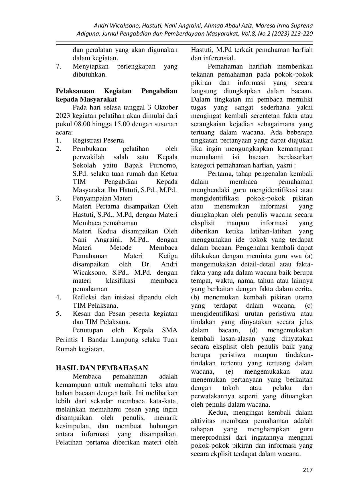 JURIS Pelatihan Metode Pembelajaran Keterampilan Membaca Pemahaman untuk Guru Guru SMA Perintis 1 Bandar Lampung Sebagai Upaya Meningkatkan Kompetensi Pedagogik Guru Bahasa Indonesia