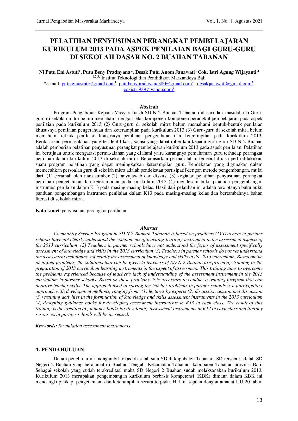 JURIS Pelatihan Penyusunan Perangkat Pembelajaran Kurikulum 2013 Pada Aspek Penilaian Bagi Guru Guru Di Sekolah Dasar No 2 Buahan Tabanan