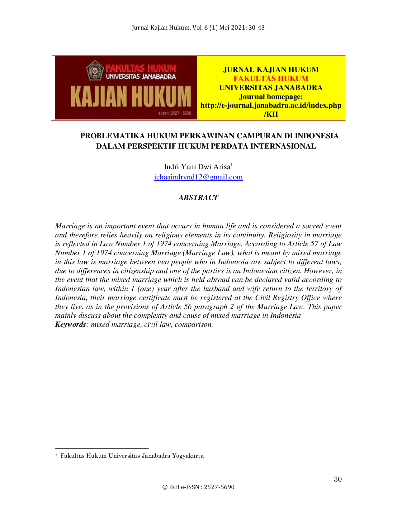 JURIS Problematika Hukum Perkawinan Campuran Di Indonesia Dalam Perspektif Hukum Perdata Internasional