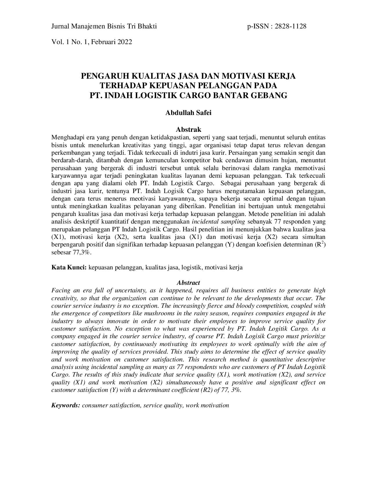 JURIS Pengaruh Kualitas Jasa Dan Motivasi Kerja Terhadap Kepuasan Pelanggan Pada Pt Indah Logistik Cargo Bantar Gebang