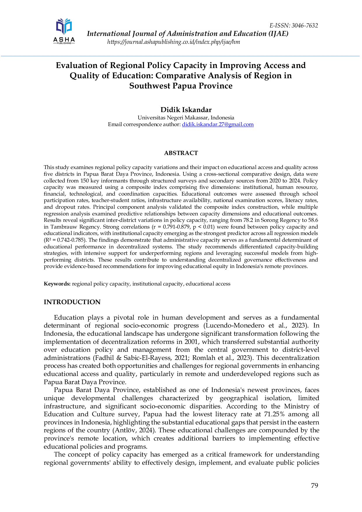 JURIS Evaluation of Regional Policy Capacity in Improving Access and Quality of Education Comparative Analysis of Region in Southwest Papua Province