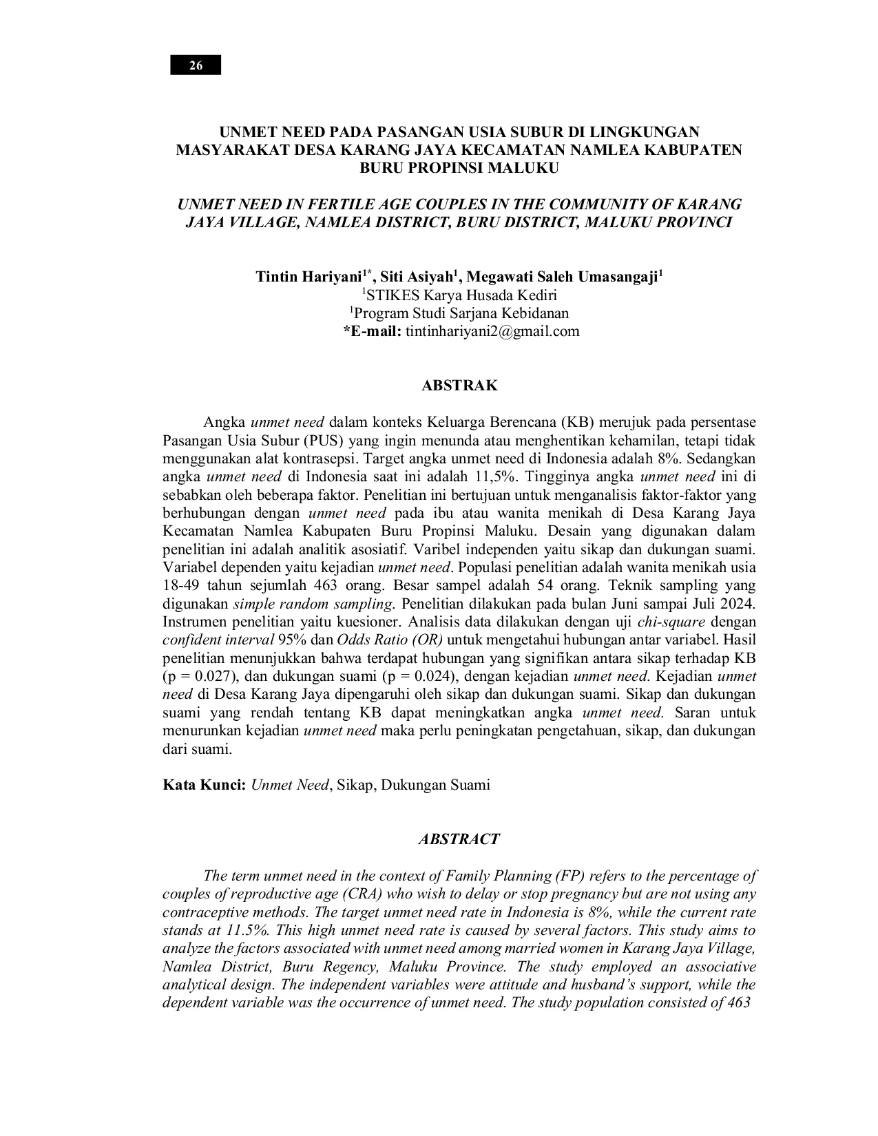 JURIS Unmet Need Pada Pasangan Usia Subur Di Lingkungan Masyarakat Desa Karang Jaya Kecamatan Namlea Kabupaten Buru Propinsi Maluku
