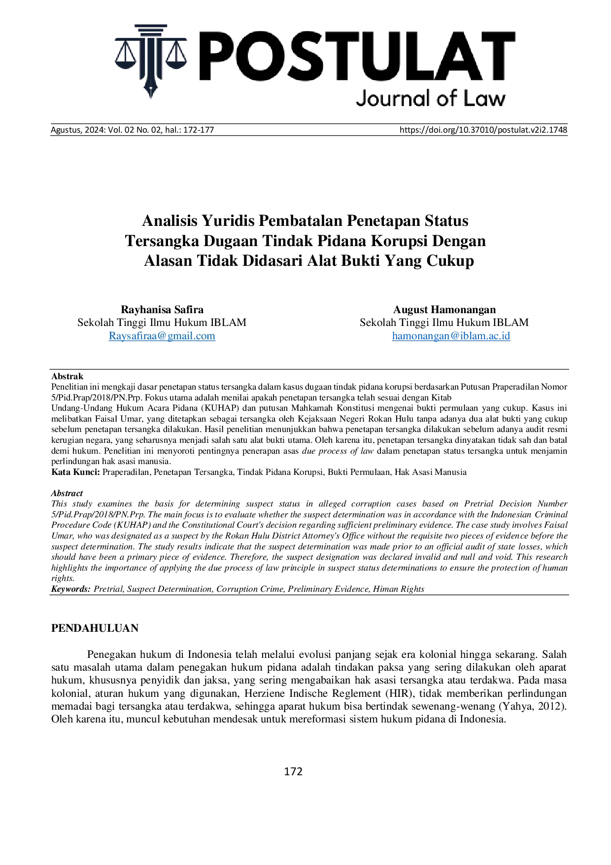 JURIS Analisis Yuridis Pembatalan Penetapan Status Tersangka Dugaan Tindak Pidana Korupsi Dengan Alasan Tidak Didasari Alat Bukti Yang Cukup