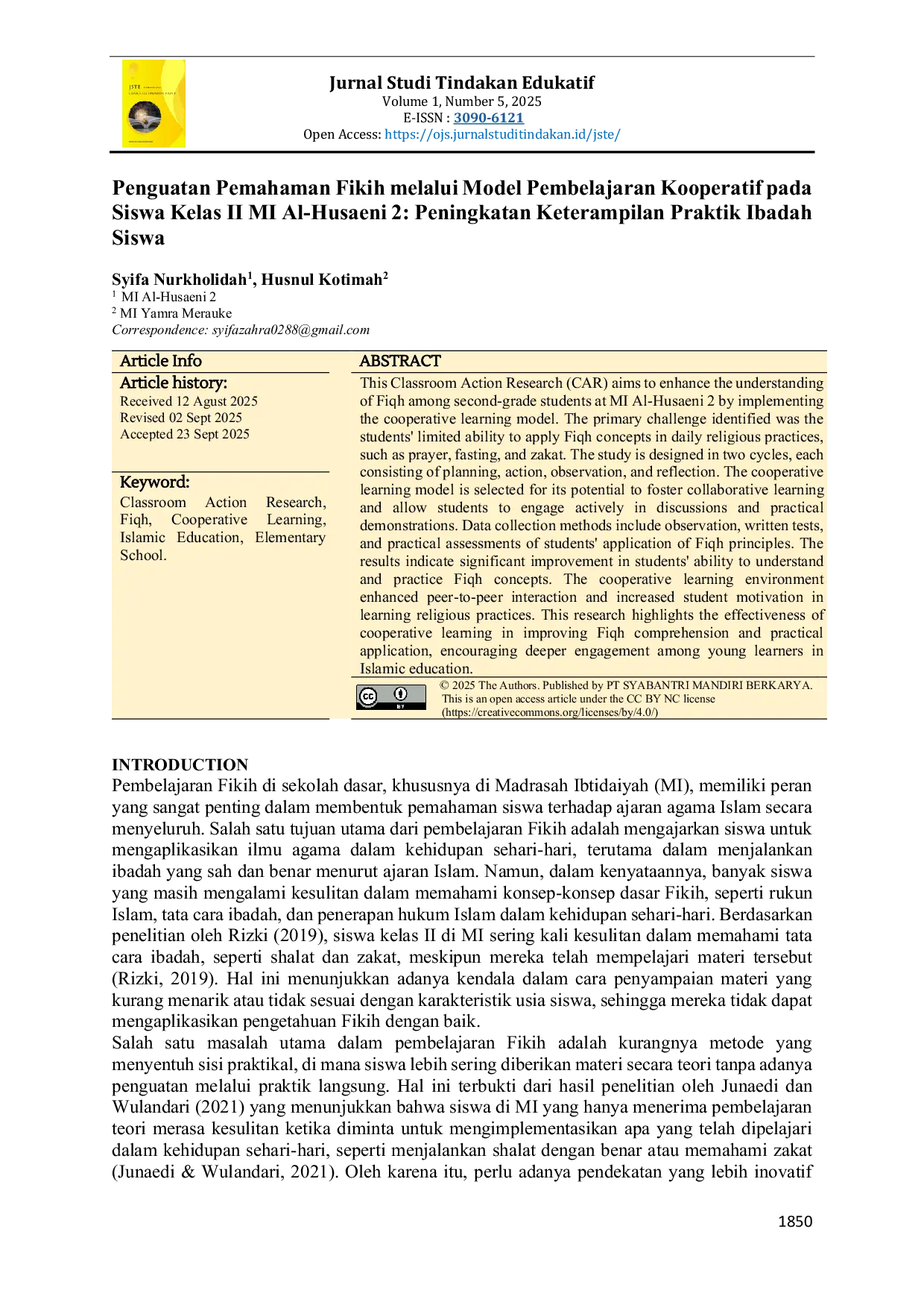 JURIS Penguatan Pemahaman Fikih melalui Model Pembelajaran Kooperatif pada Siswa Kelas II MI Al Husaeni 2 Peningkatan Keterampilan Praktik Ibadah Siswa