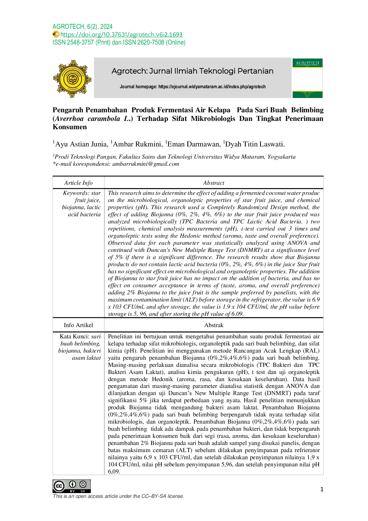 JURIS Pengaruh Penambahan Produk Fermentasi Air Kelapa Pada Sari Buah Belimbing Averrhoa carambola L Terhadap Sifat Mikrobiologis Dan Tingkat Penerimaan Konsumen