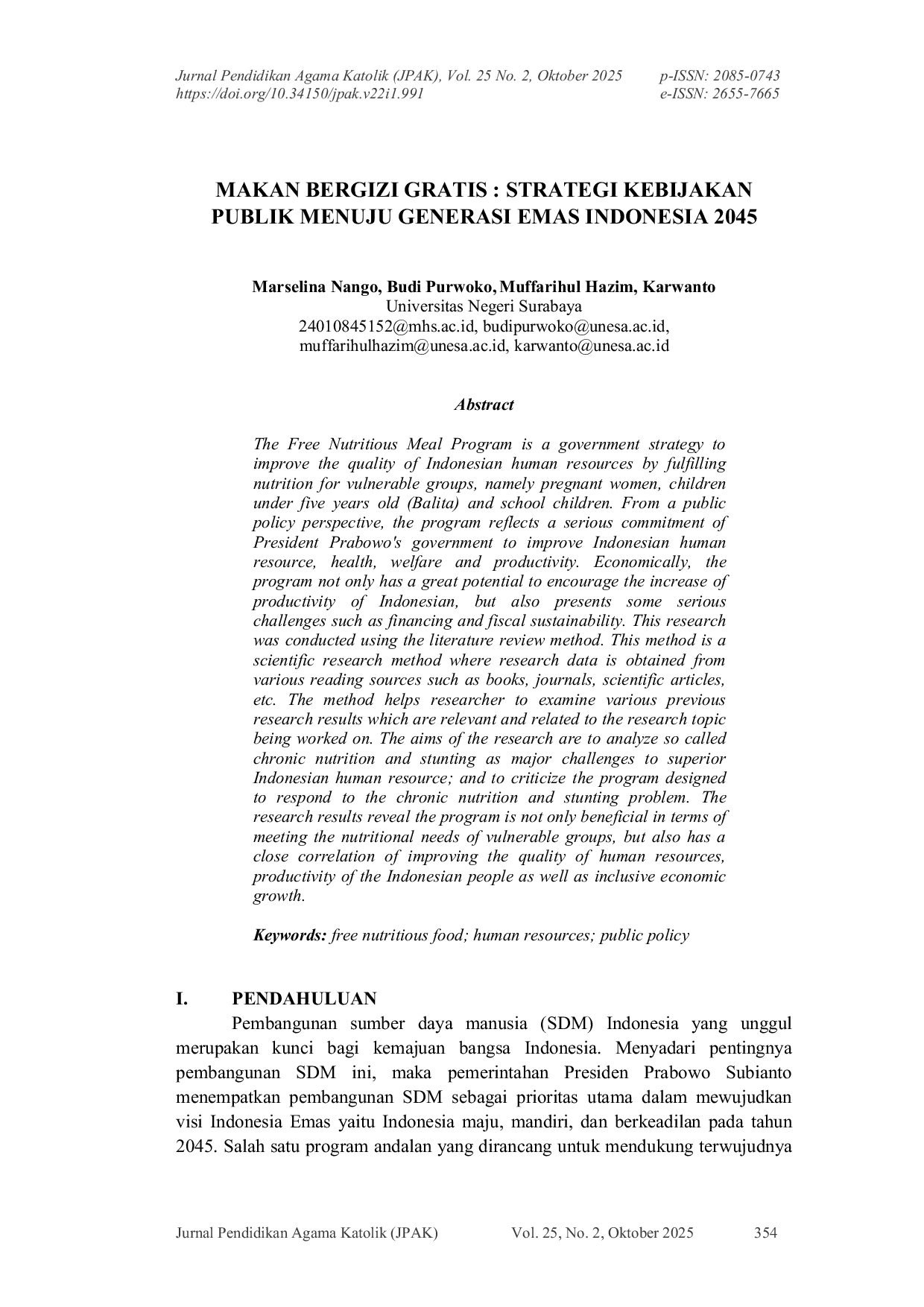 JURIS Makan Bergizi Gratis Strategi Kebijakan Publik Menuju Generasi Emas Indonesia 2045