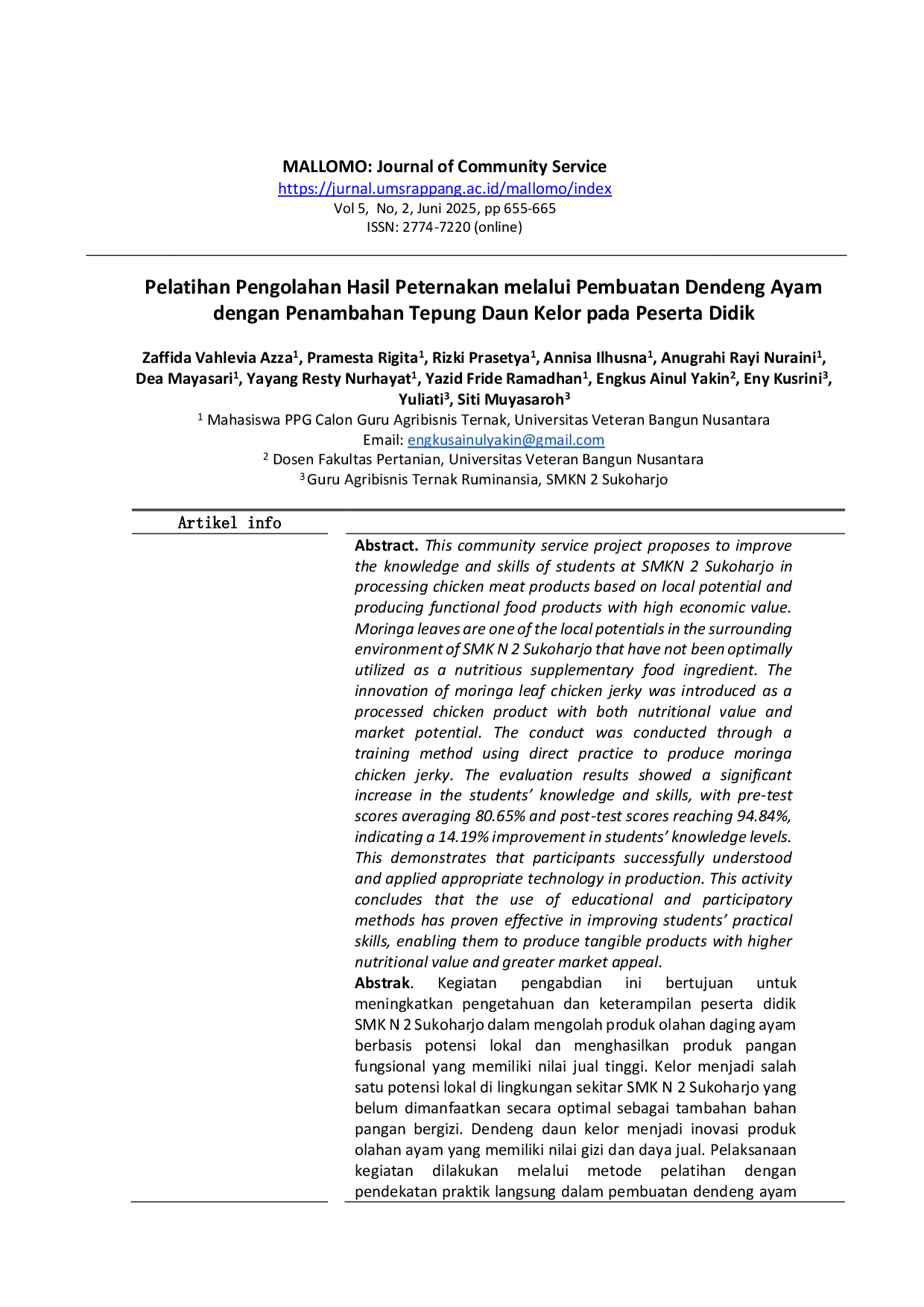 JURIS Pelatihan Pengolahan Hasil Peternakan melalui Pembuatan Dendeng Ayam dengan Penambahan Tepung Daun Kelor pada Peserta Didik