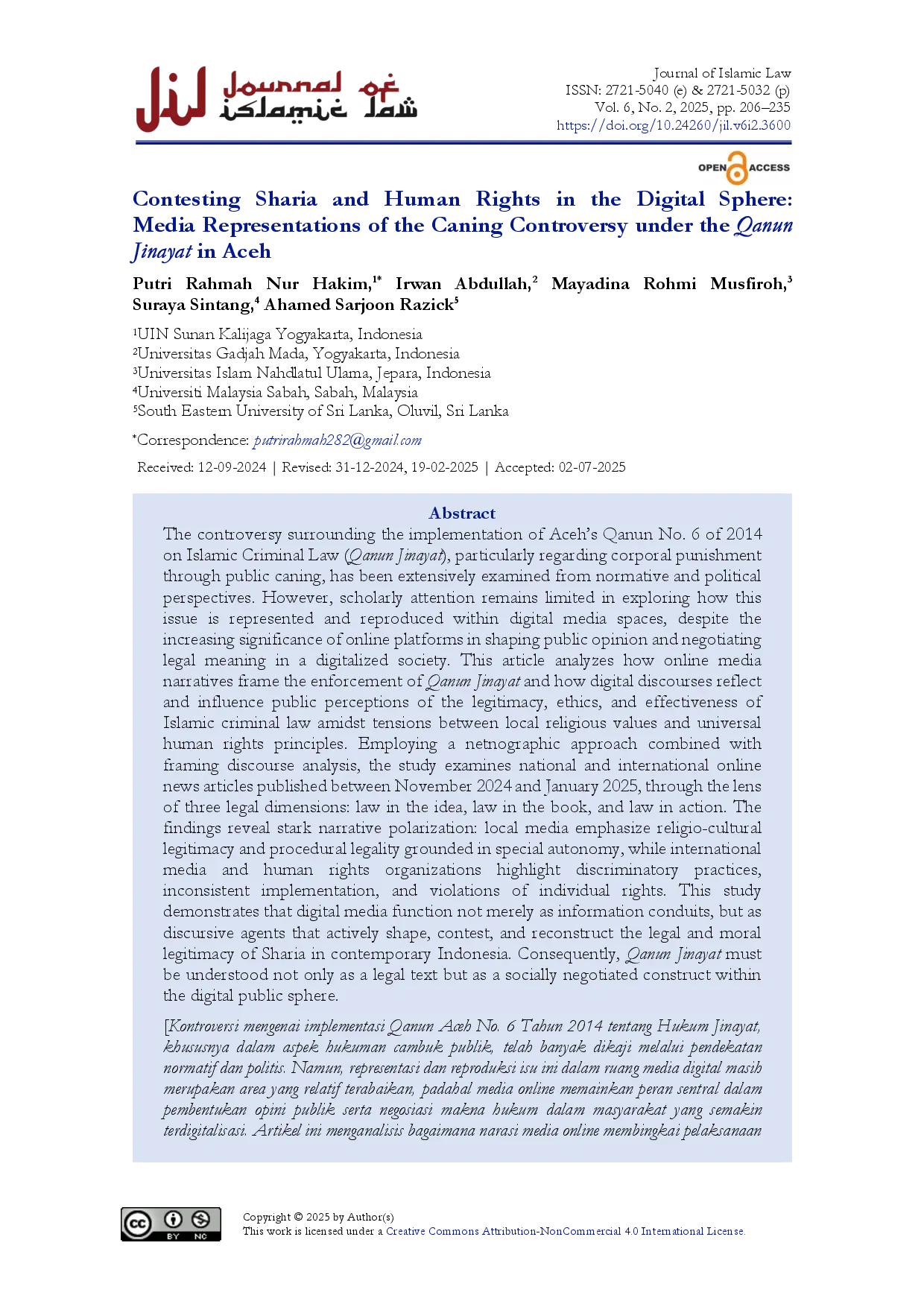juris Contesting Sharia and Human Rights in the Digital Sphere Media Representations of the Caning Controversy under the Qanun Jinayat in Aceh