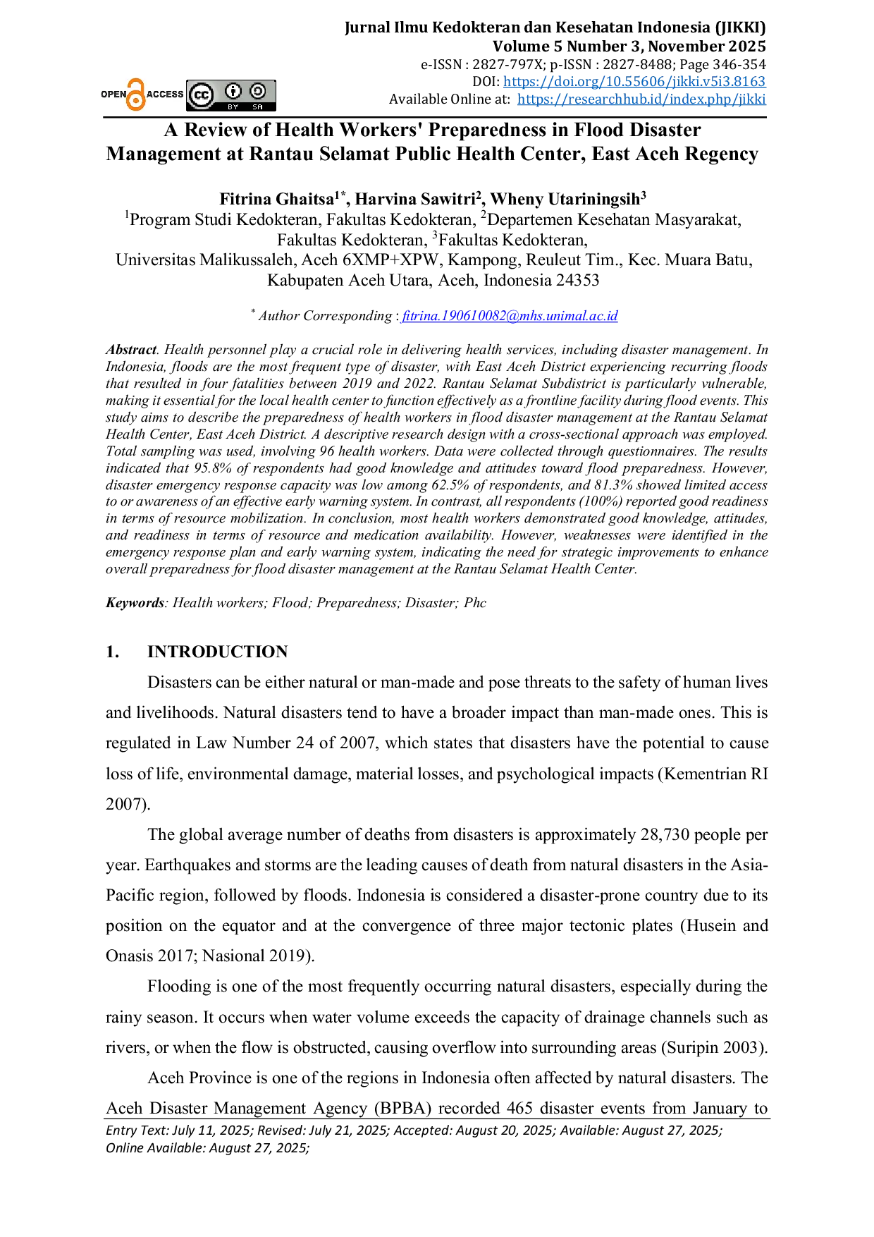JURIS A Review of Health Workers Preparedness in Flood Disaster Management at Rantau Selamat Public Health Center East Aceh Regency