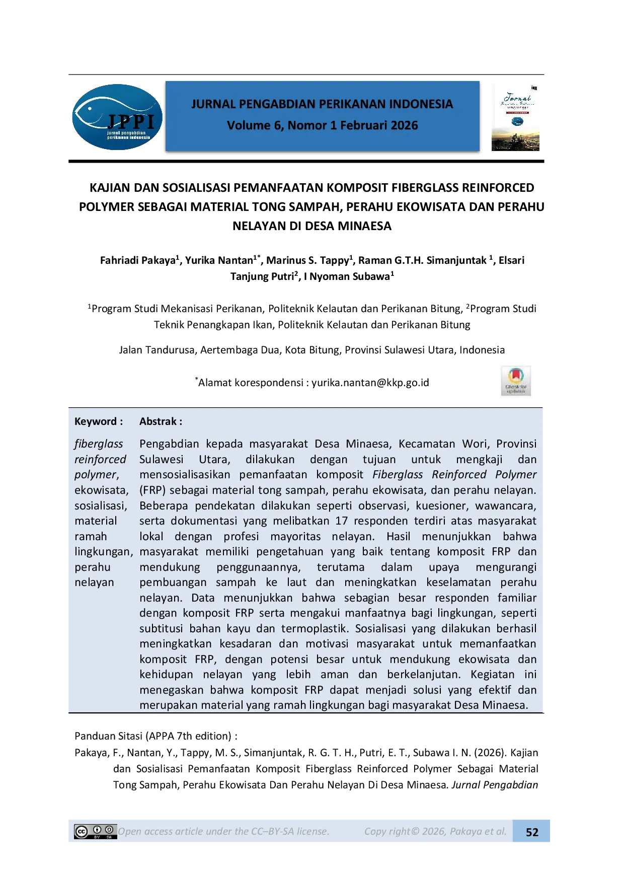 JURIS Kajian dan Sosialisasi Pemanfaatan Komposit Fiberglass Reinforced Polymer Sebagai Material Tong Sampah Perahu Ekowisata Dan Perahu Nelayan Di Desa Minaesa