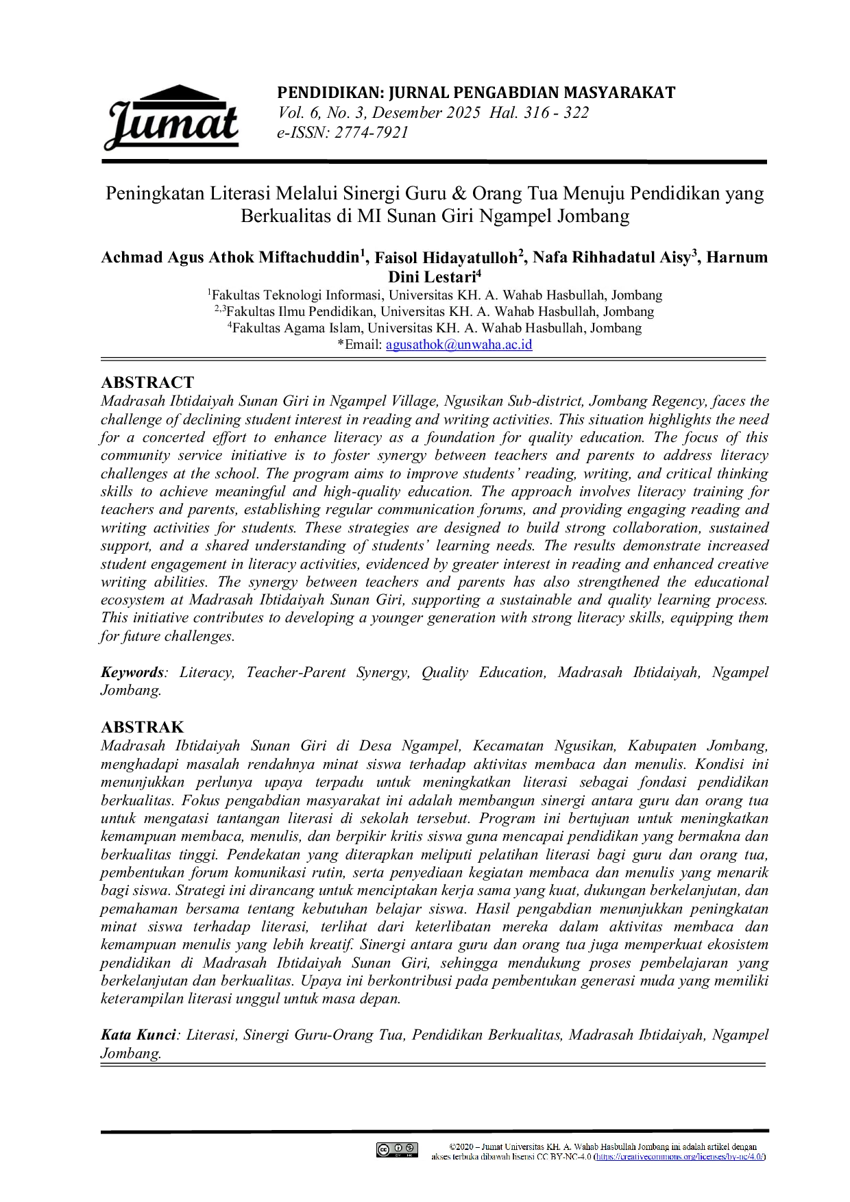 JURIS Peningkatan Literasi Melalui Sinergi Guru Orang Tua Menuju Pendidikan yang Berkualitas di MI Sunan Giri Ngampel Jombang