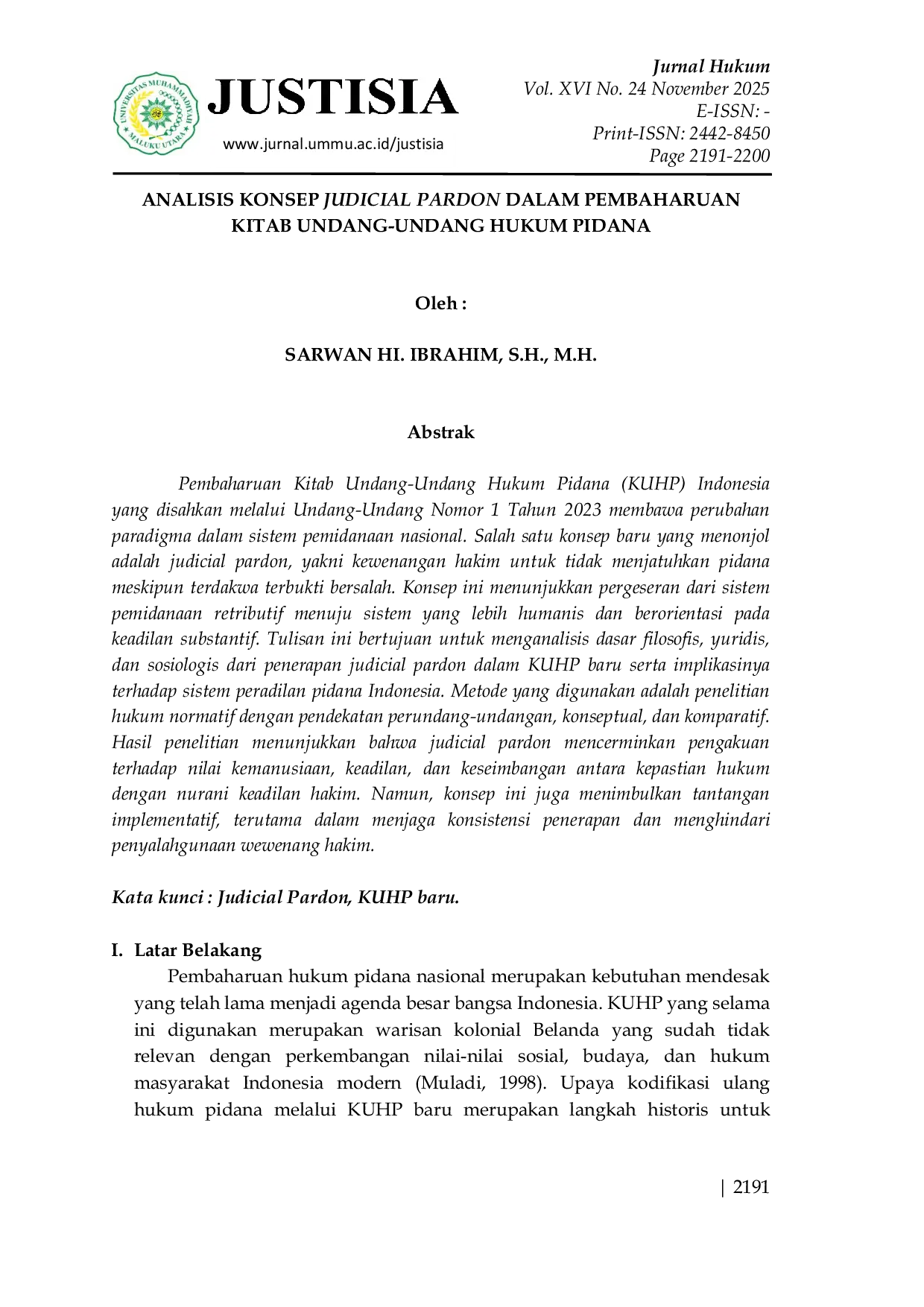 JURIS Analisis Konsep Judicial Pardon dalam Pembaharuan Kitab Undang Undang Hukum Pidana