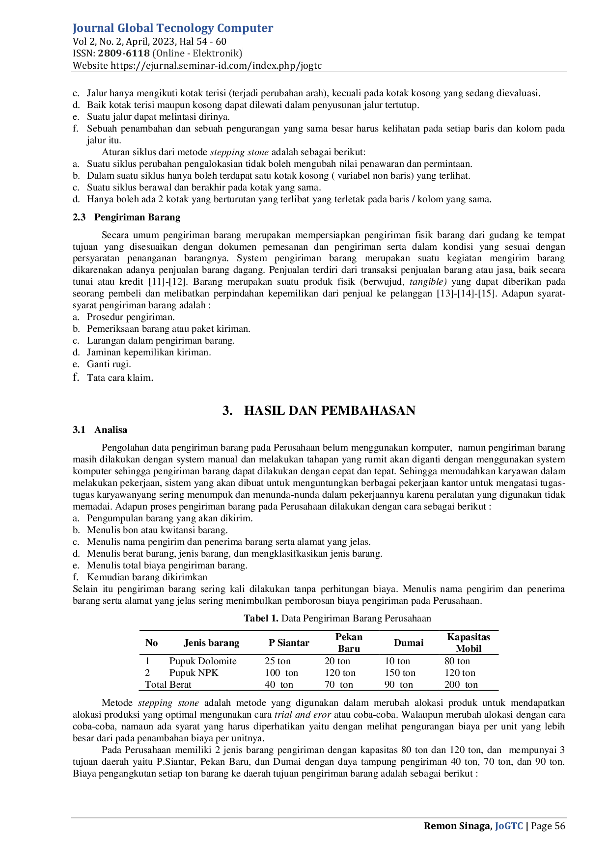 JURIS Penerapan Metode Stepping Stone Untuk Transportasi Pengiriman Barang