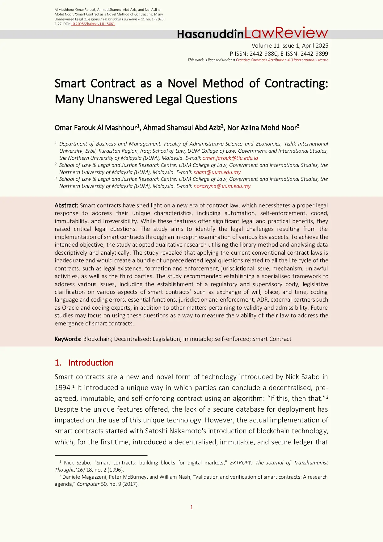 JURIS Smart Contract as a Novel Method of Contracting Many Unanswered Legal Questions